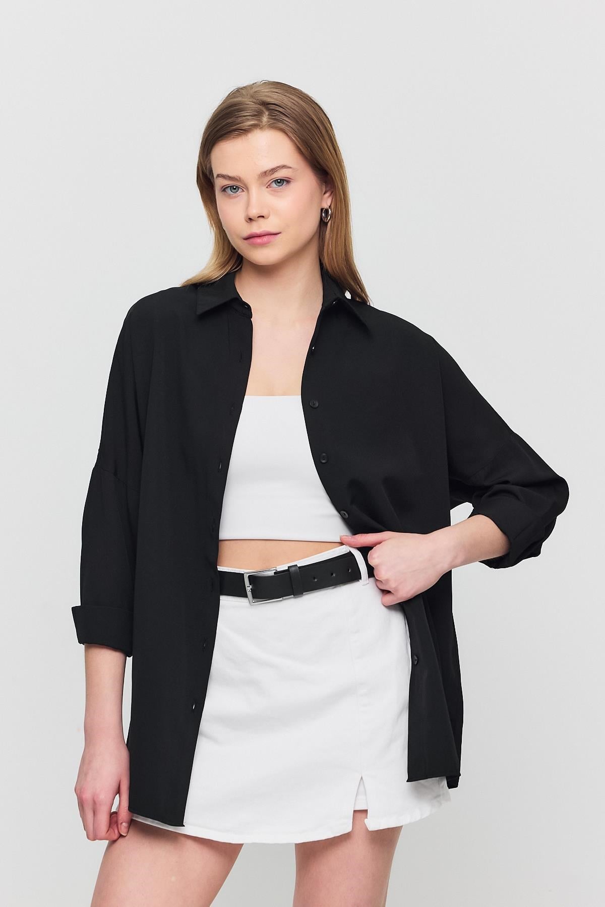 Siyah Relaxed Fit Rahat Kesim Basic Gömlek - 6621A 2