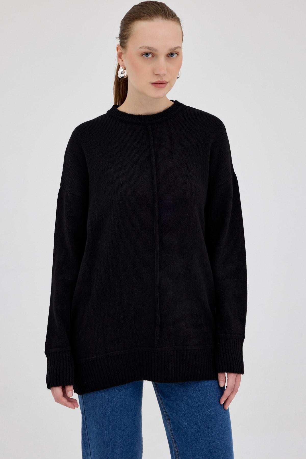 Siyah Oversize Bisiklet Yaka Kadın Kazak 2345