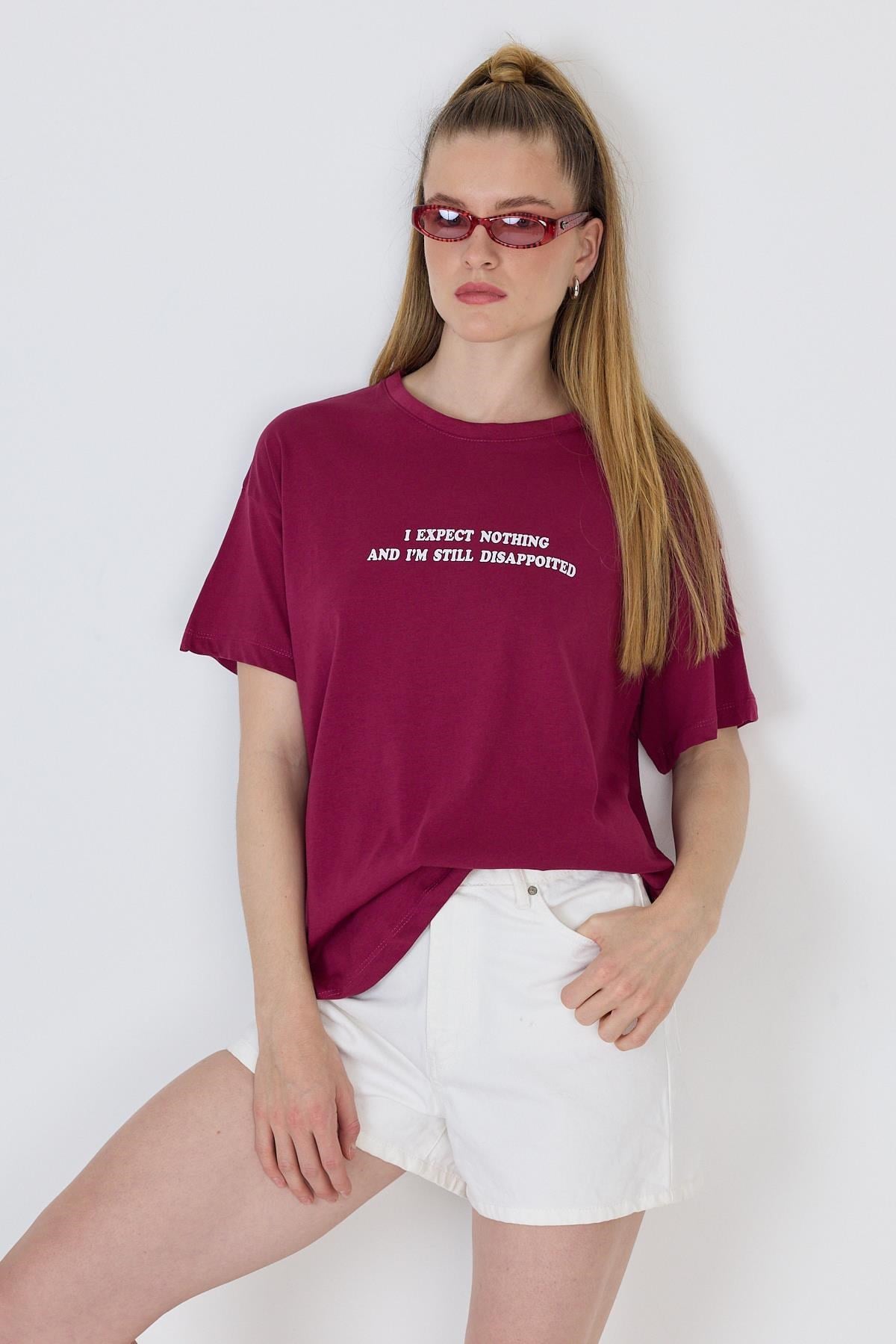 Bordo Yazı Baskılı %100 Pamuk Oversize Tişört 2150-8M 3