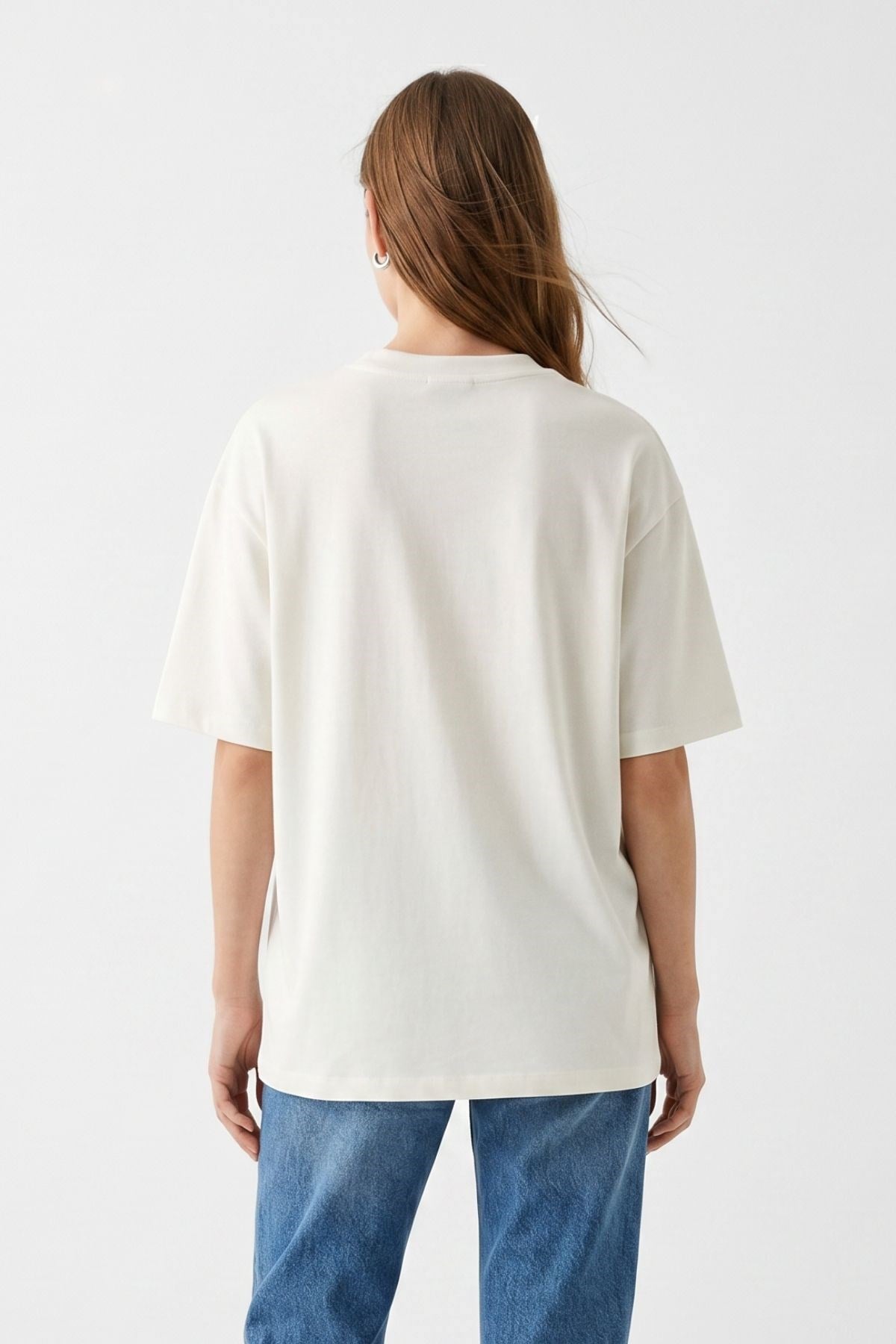 Bisiklet Yaka Kısa Kol Baskılı Oversize Tişört 8458 Ekru 3