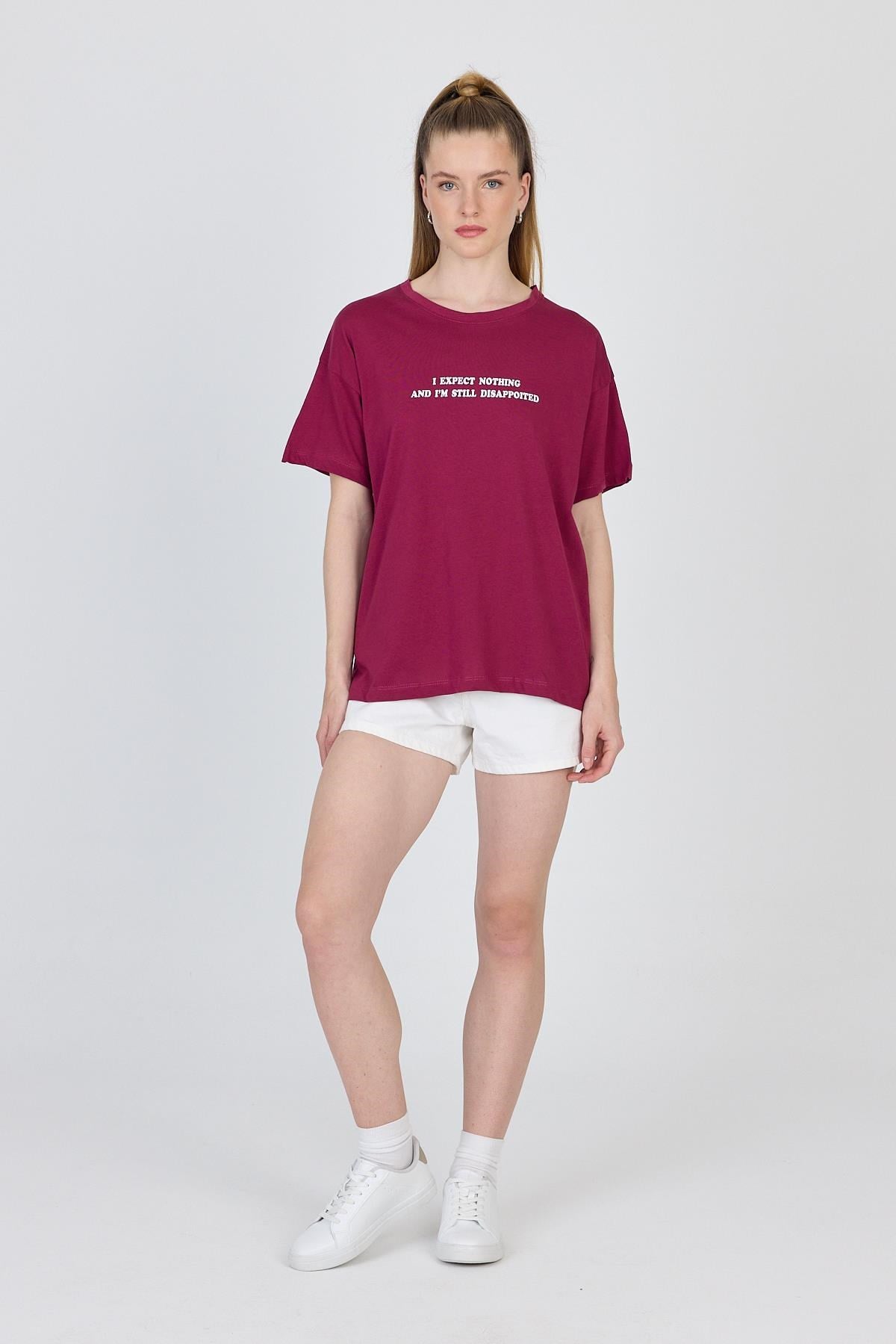 Bordo Yazı Baskılı %100 Pamuk Oversize Tişört 2150-8M 2