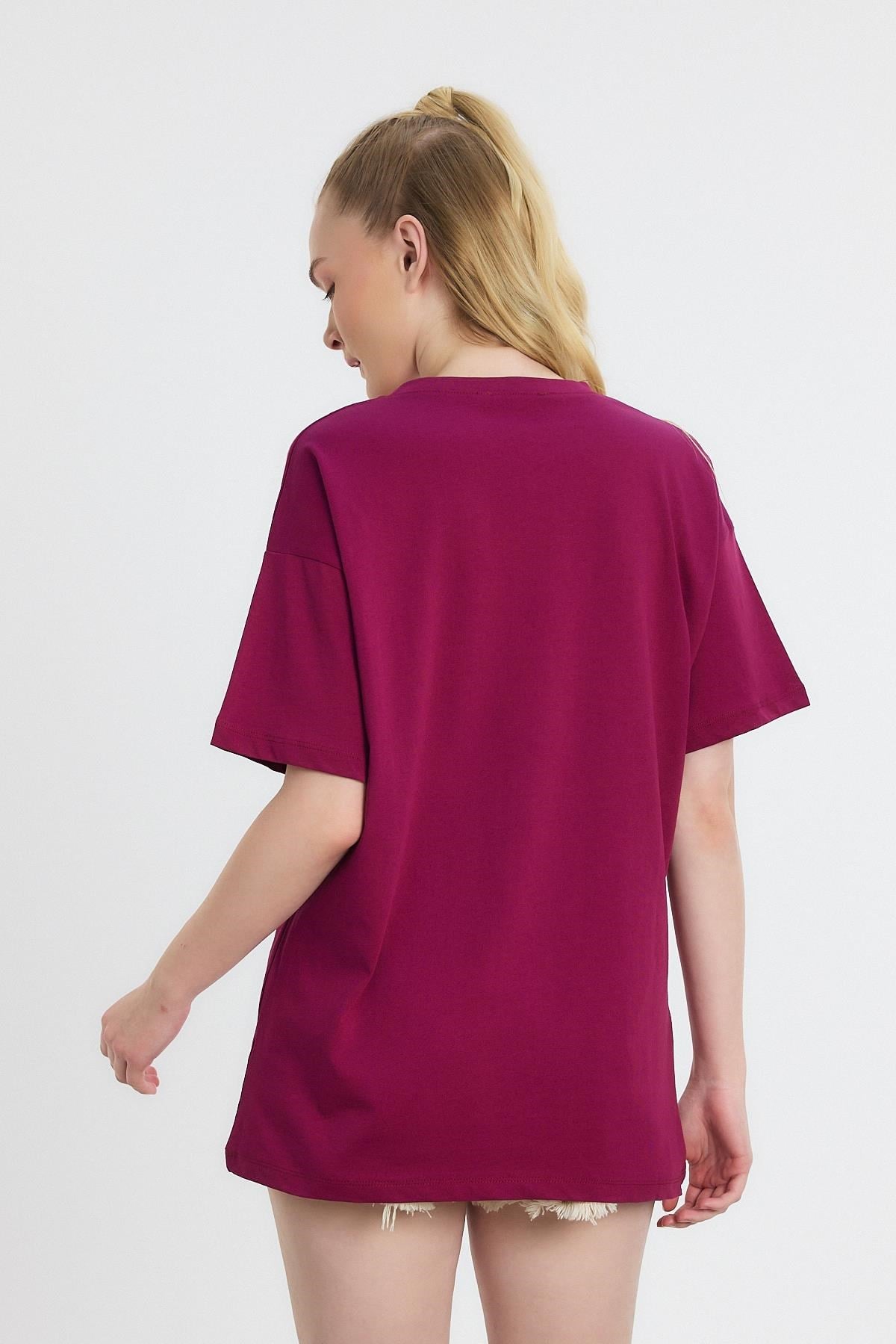 Bisiklet Yaka Nakışlı Tişört 2150-16M Bordo 5