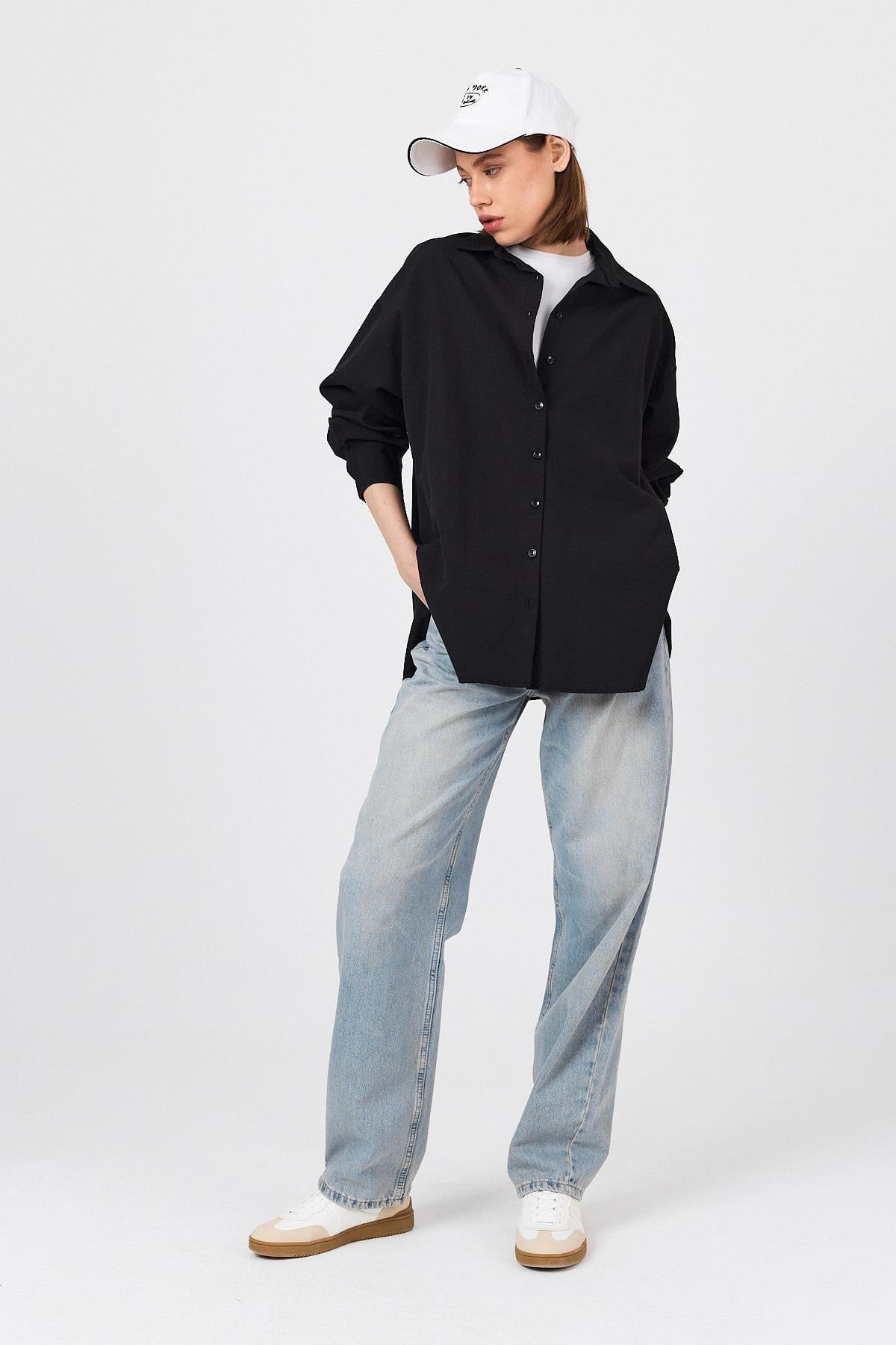 Siyah Oversize Basic Uzun Gömlek 4664A 3