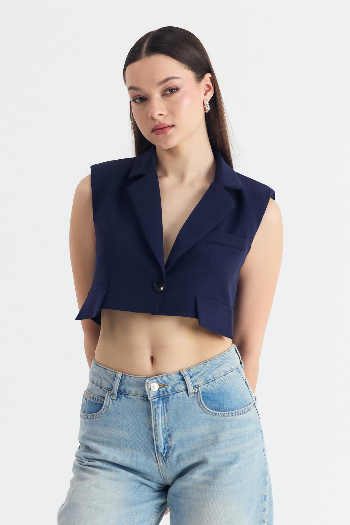 Laci Crop Vatkalı Tek Düğme Cep Detay Yelek 6929