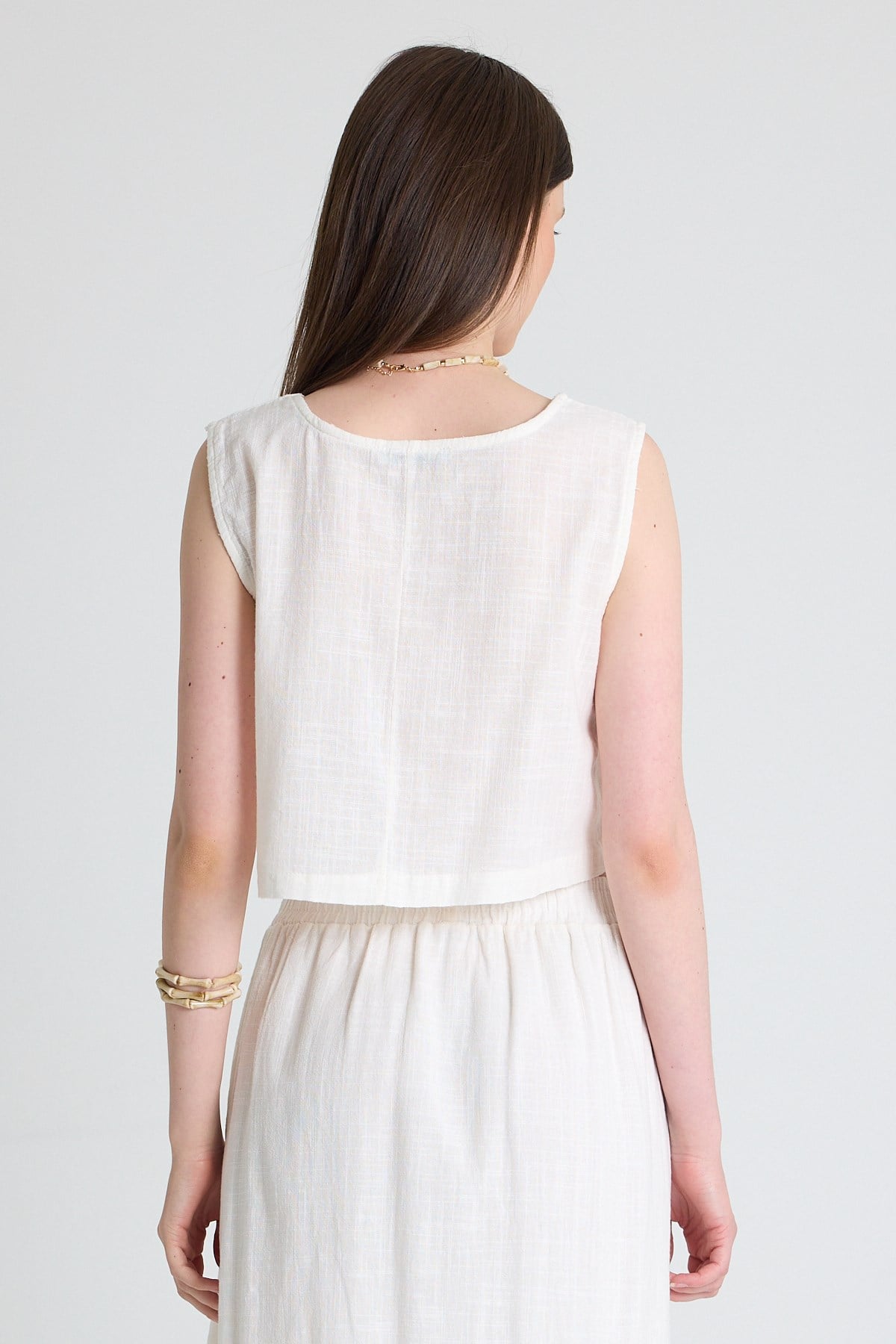 Beyaz Keten Görünümlü %100 Pamuk Kolsuz Crop Bluz 3419-1 5