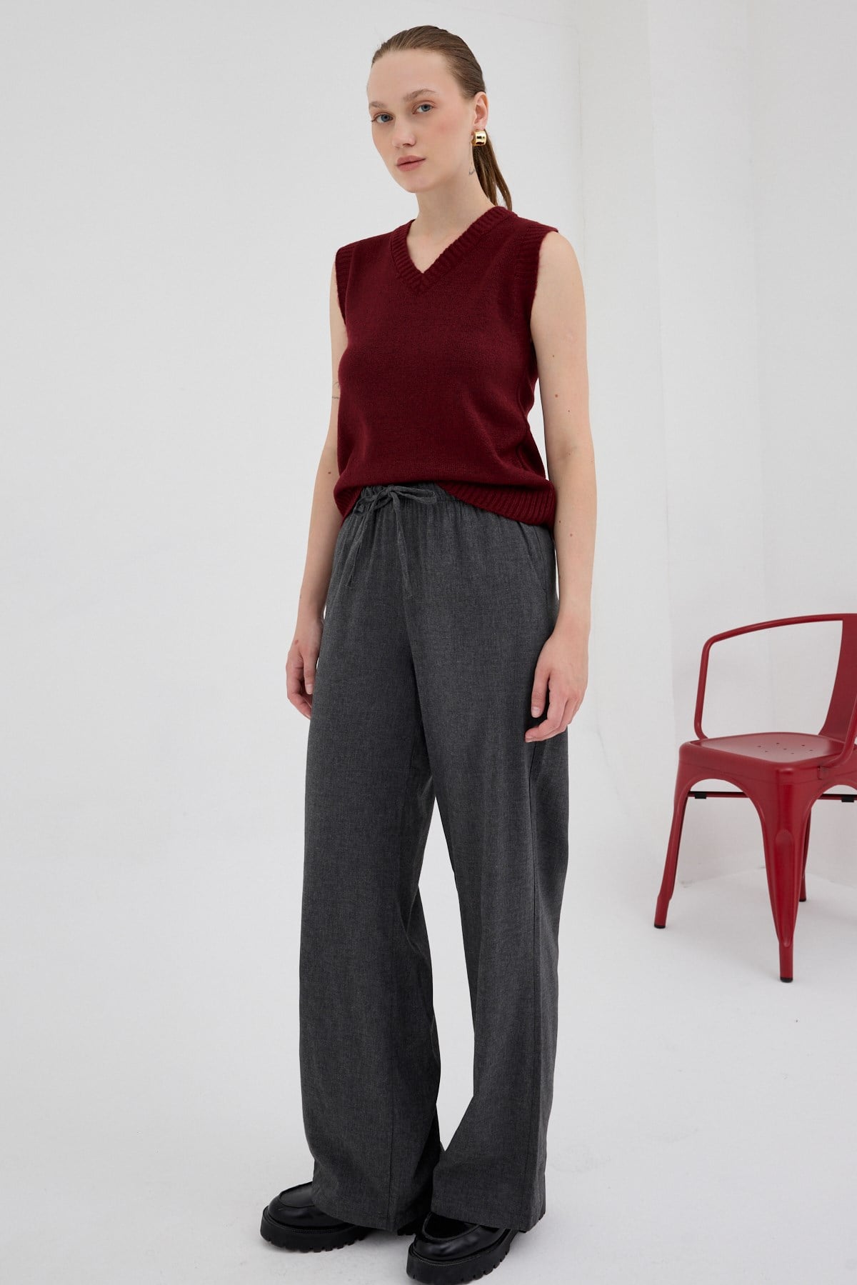 Bordo Oversize V Yaka Kadın Süveter 2292 3