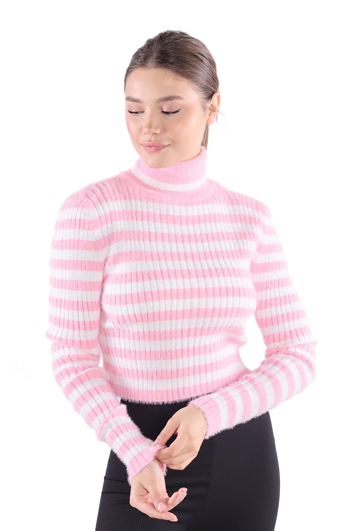 Boğazlı Çizgili Yumoş Kazak 6622 Pembe