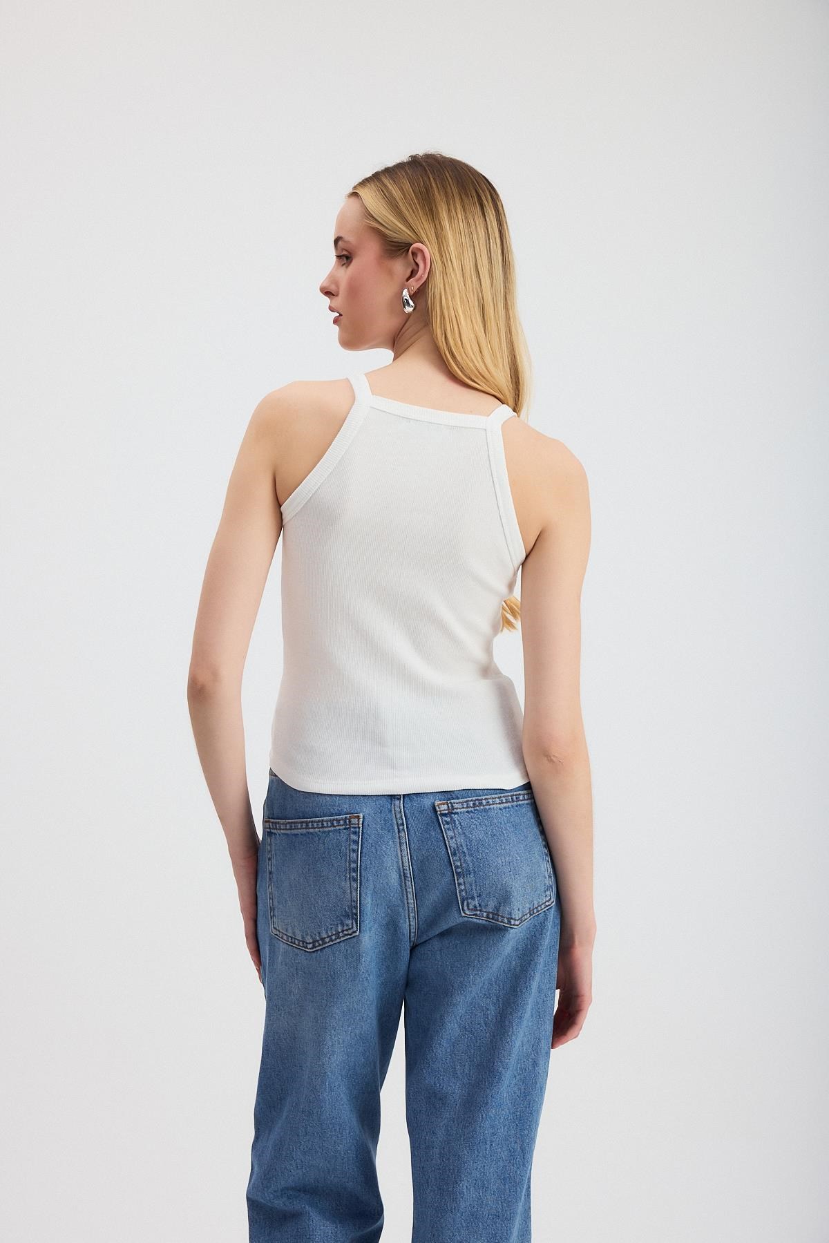 Beyaz -1121 Sıfır Kol Fitilli Halter Yaka Basic Atlet 5