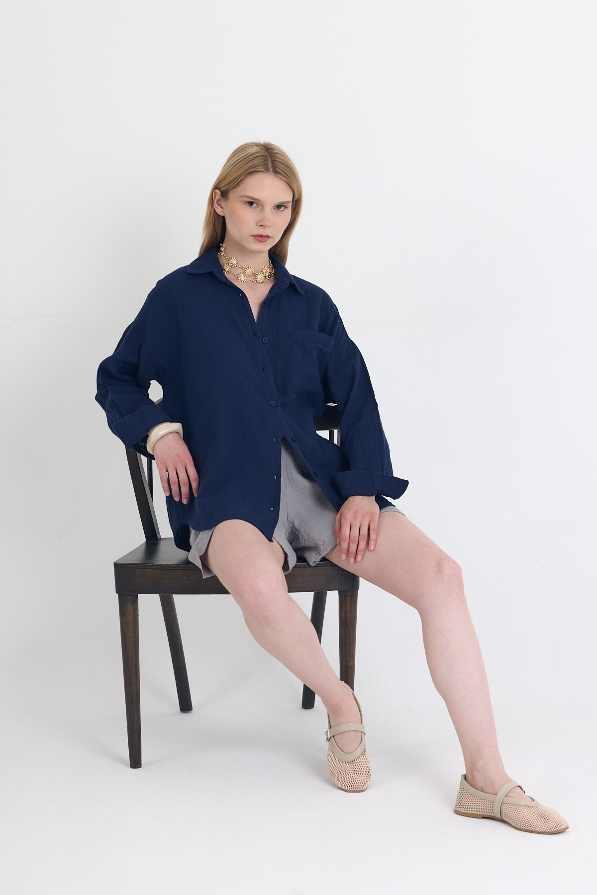 Laci Tek Cepli %100 Pamuk Oversize Müslin Gömlek 4697A 2