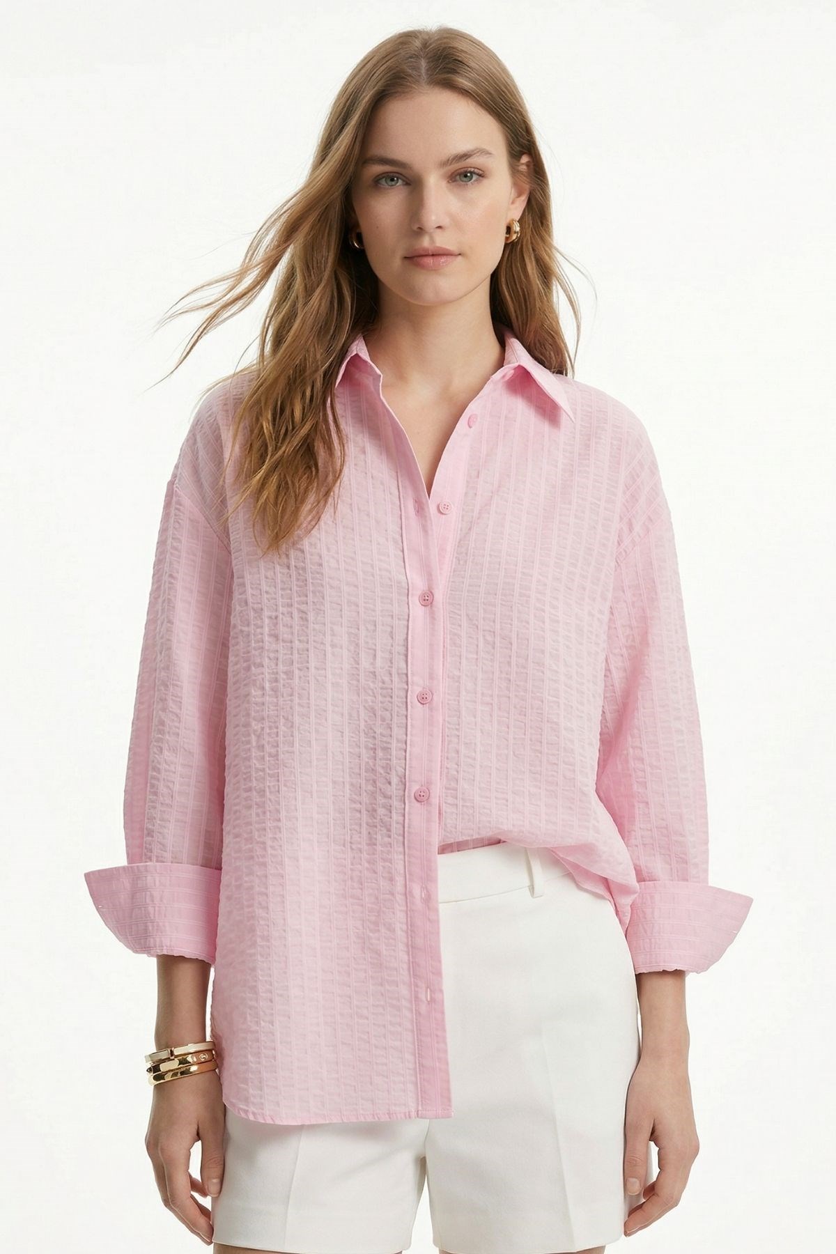 Çizgili Oversize Gömlek 5460 Pembe 3