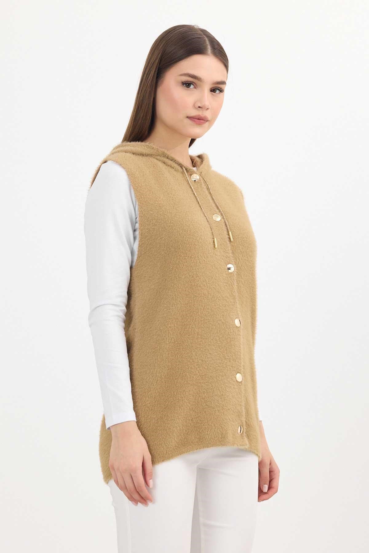 Kapüşonlu Yumoş Yelek 6681 Camel 6