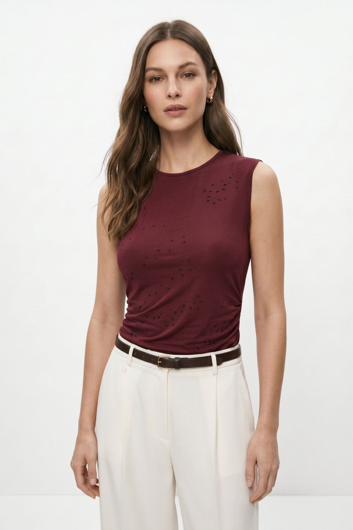 Taşlı Büzgülü Bluz 3656 Bordo