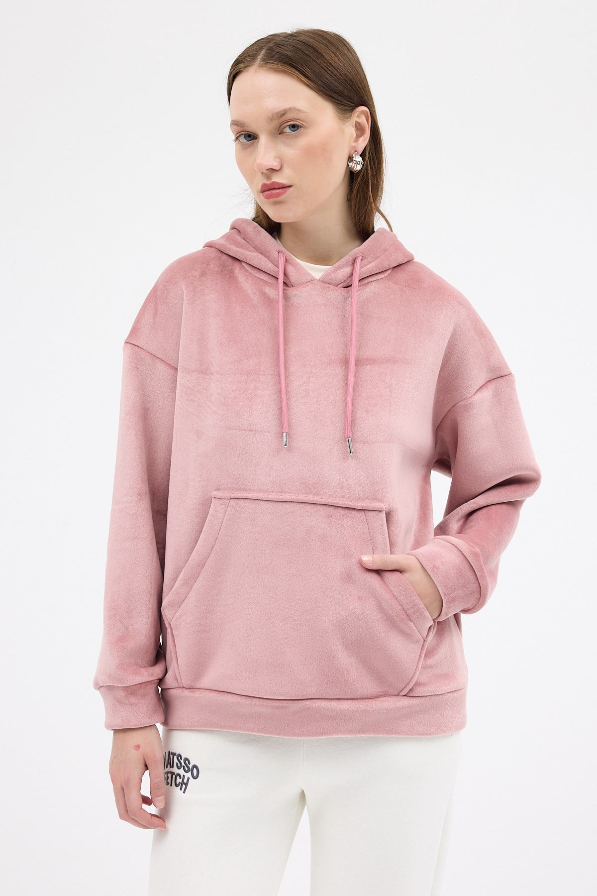 Pembe Kadın Peluş Kanguru Cepli Kapüşonlu Sweatshirt 3061A 7