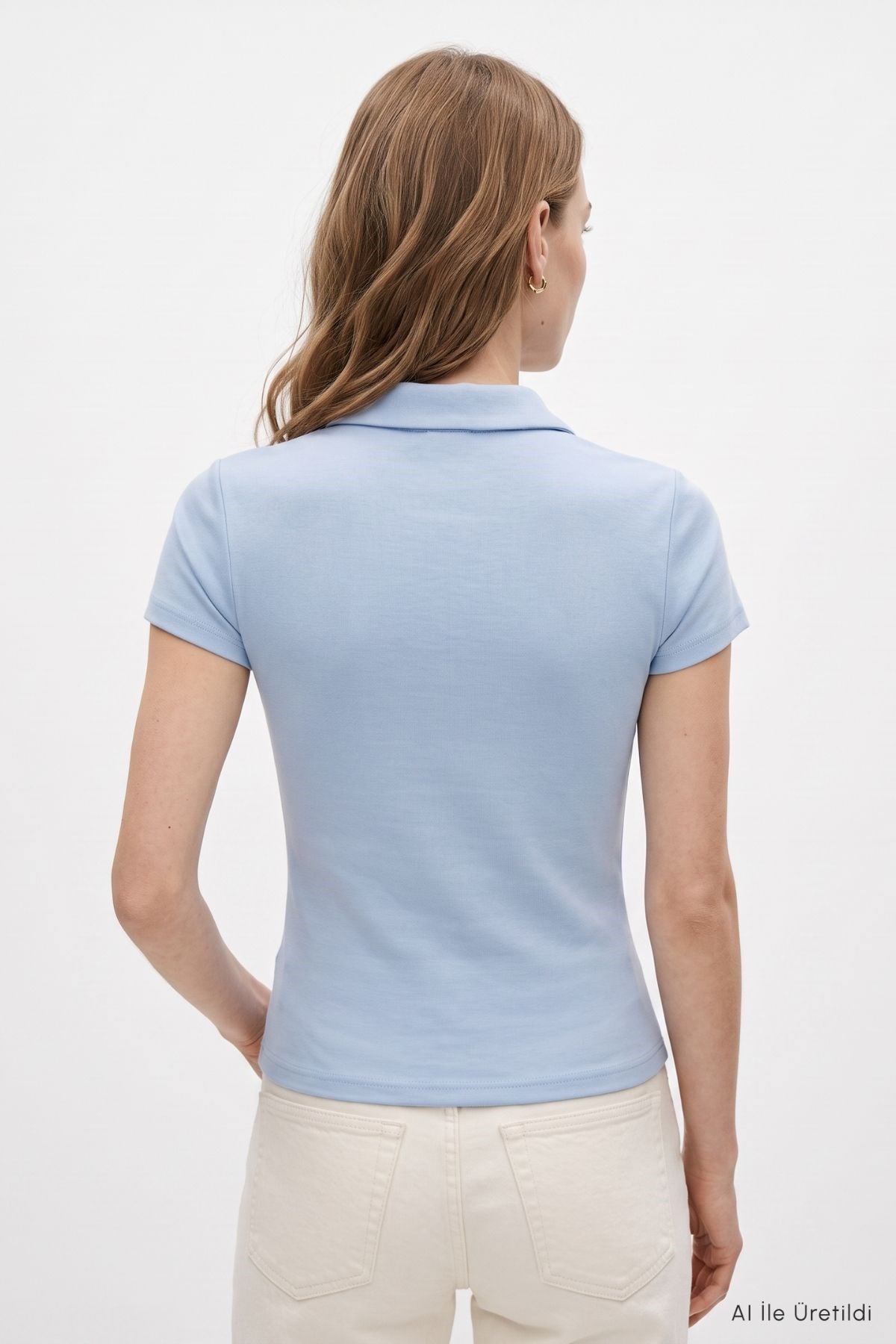 Polo Yaka Kısa Kol Crop Tişört 26651 Mavi 3
