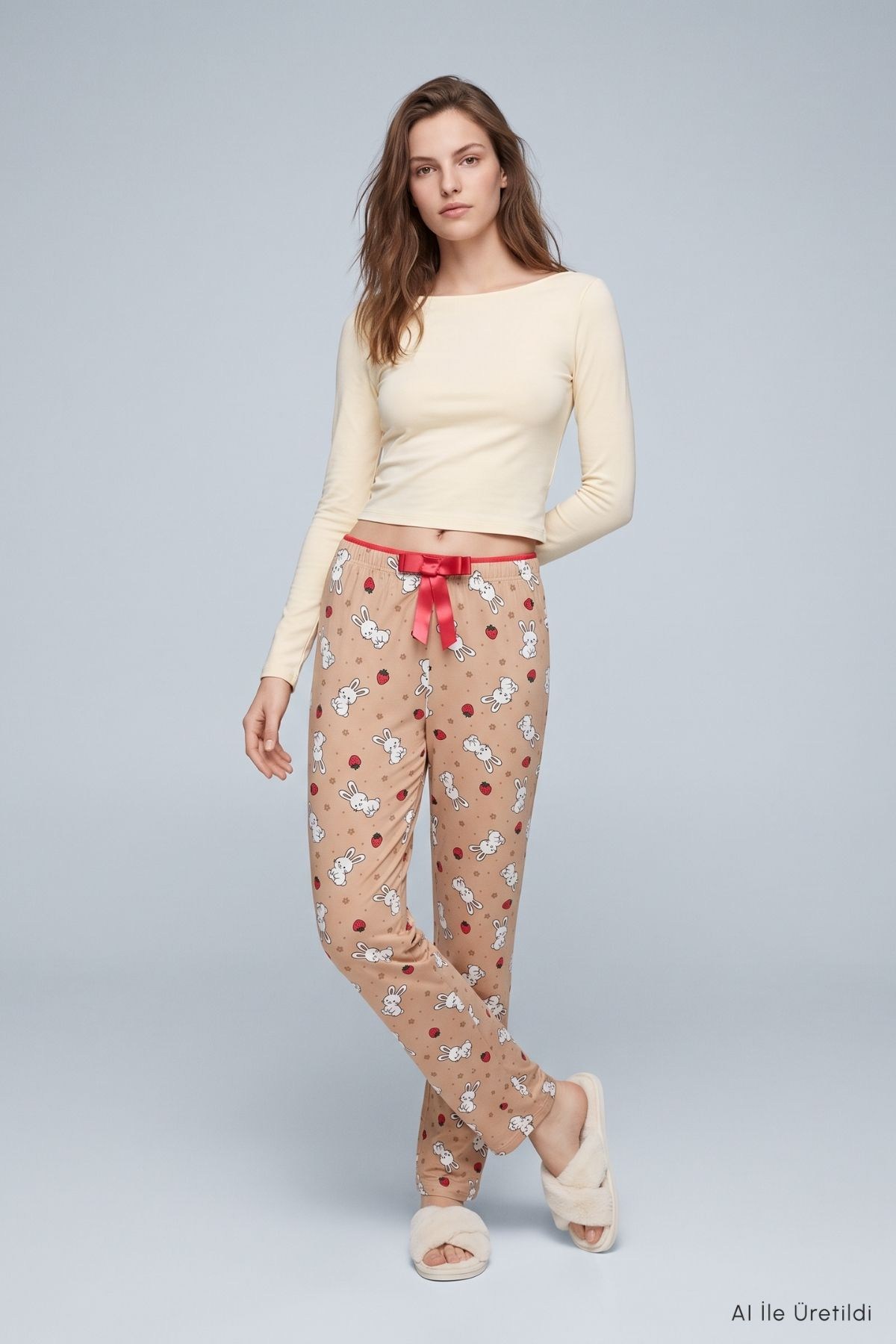 Çilekli Tavşan Desen Pijama 4553 Bisküvi