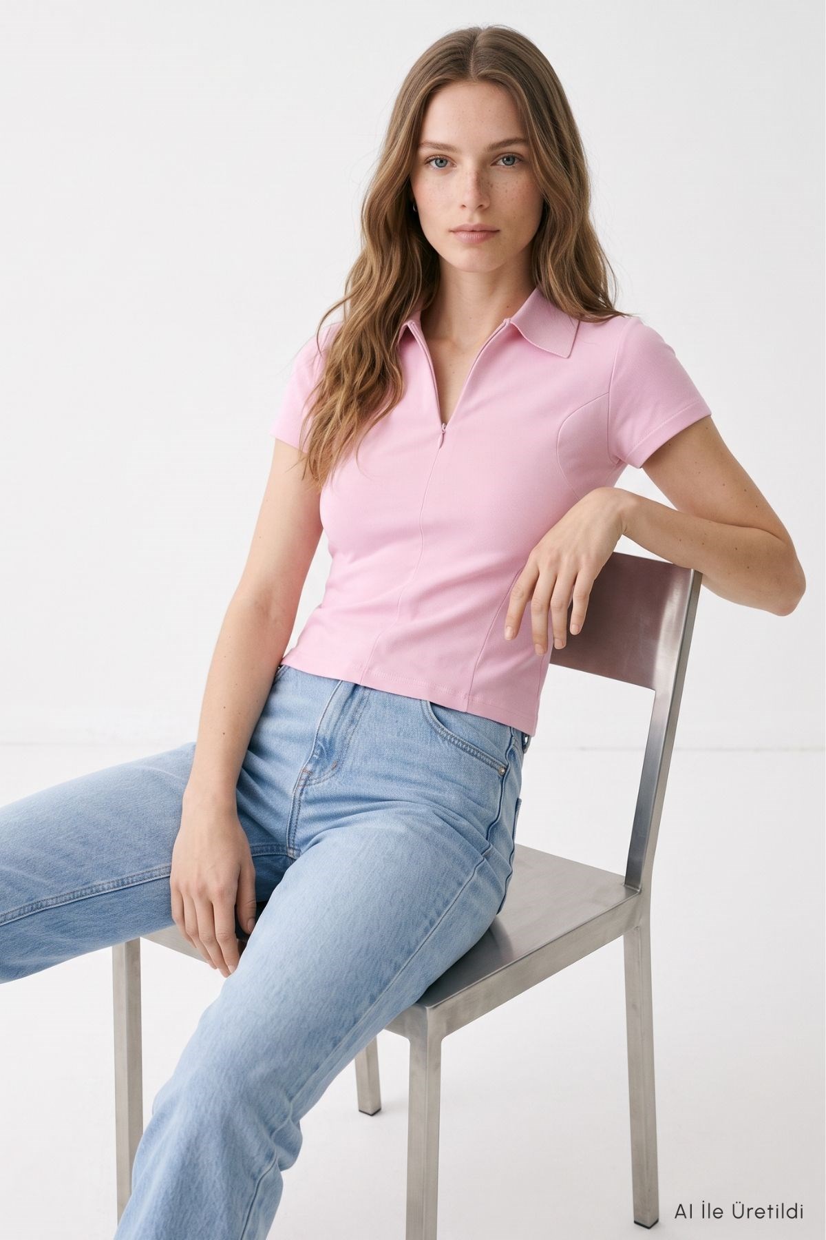 Polo Yaka Kısa Kol Crop Tişört 26651 Pembe