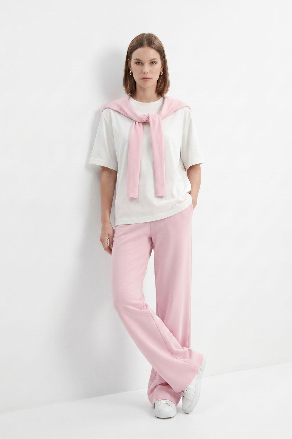 Bisiklet Yaka Kısa Kol Bağlamalı Bluz Pantolon Takım 26624 Pembe