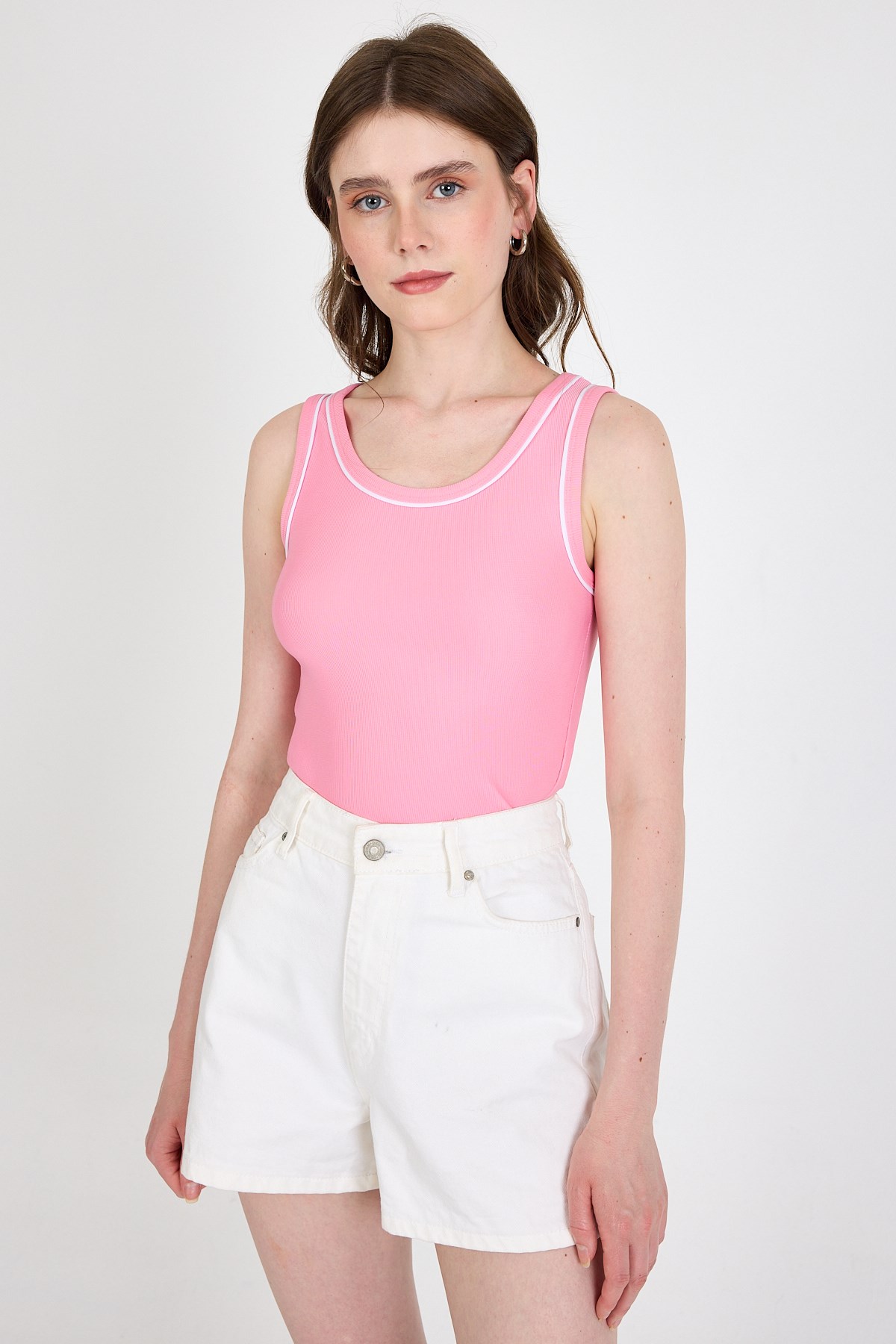 Pembe Şerit Detaylı Örme Crop Atlet 1049 2