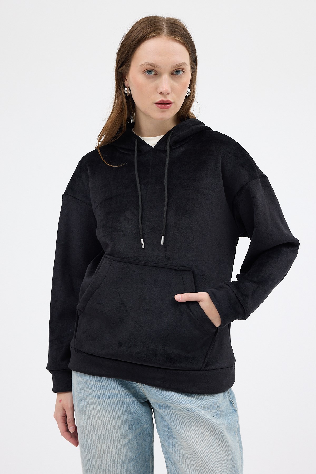 Siyah Kadın Peluş Kanguru Cepli Kapüşonlu Sweatshirt 3061A 7