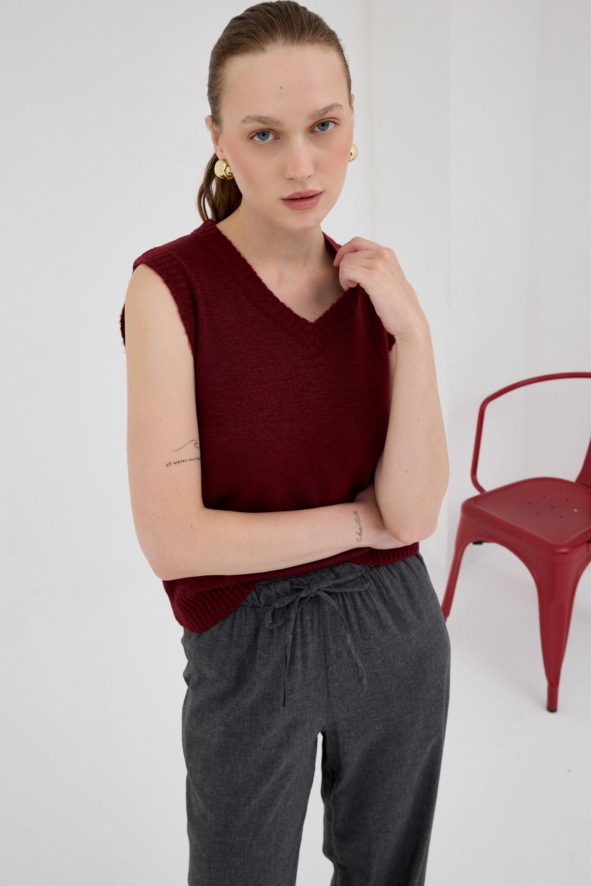Bordo Oversize V Yaka Kadın Süveter 2292 2