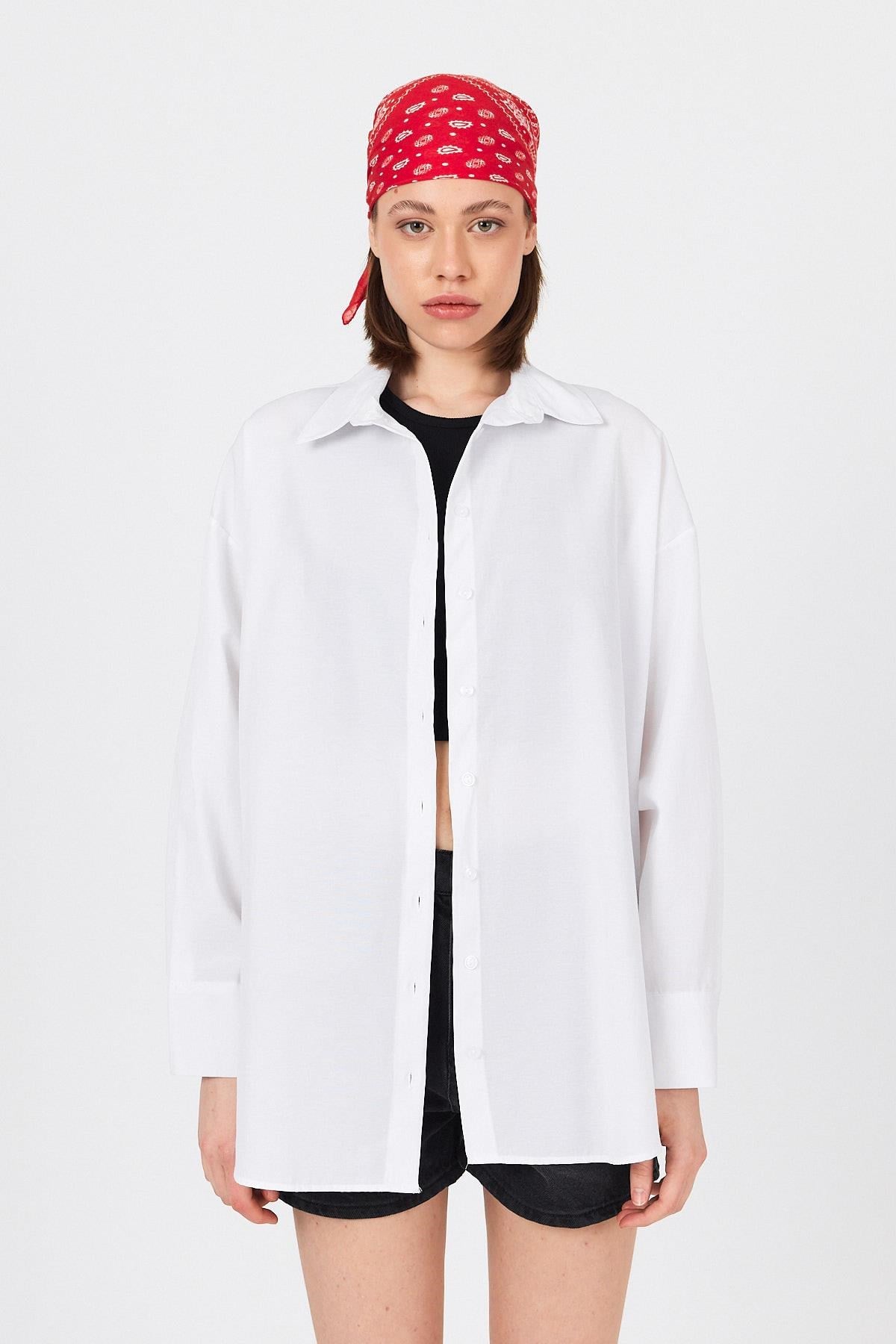 Beyaz Oversize Basic Uzun Gömlek 4664A 3
