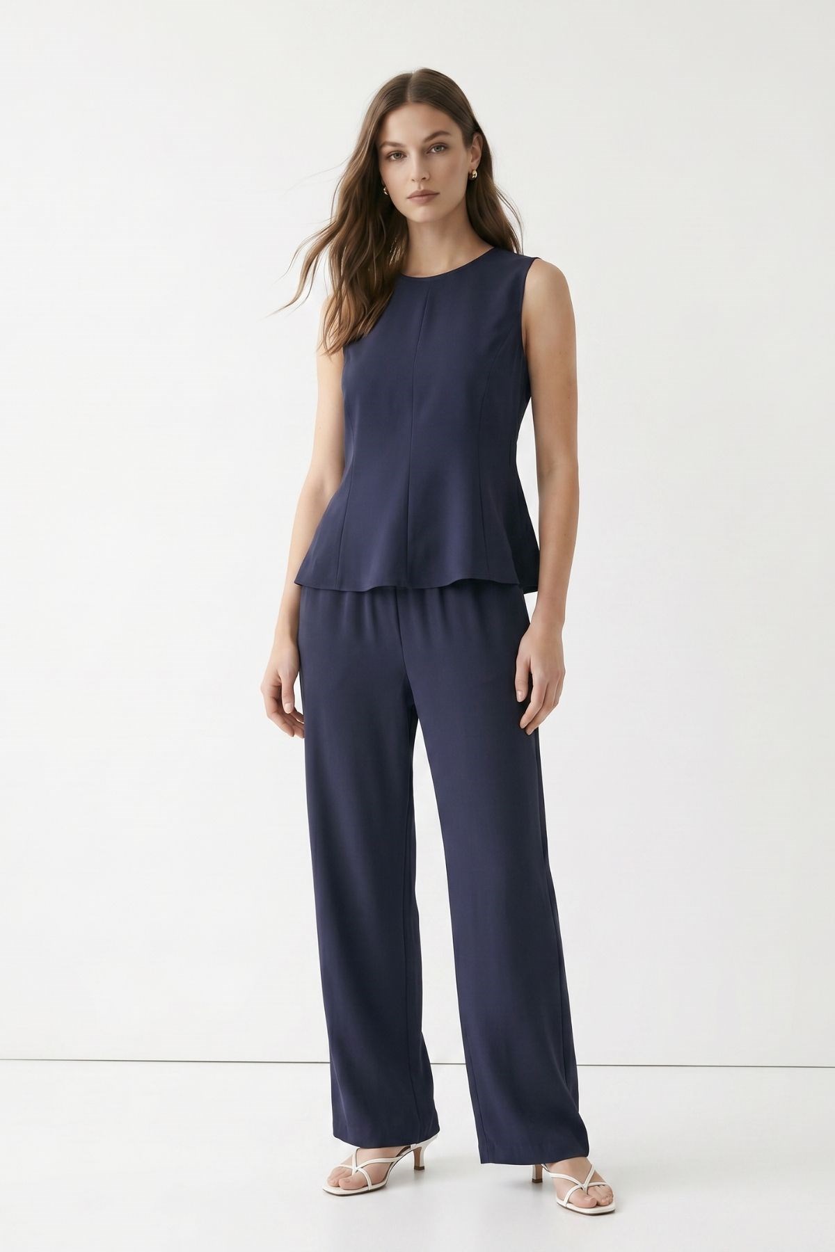 Sıfır Kol Peplum Bluz Bol Paça Pantolon Takım 18007 Füme