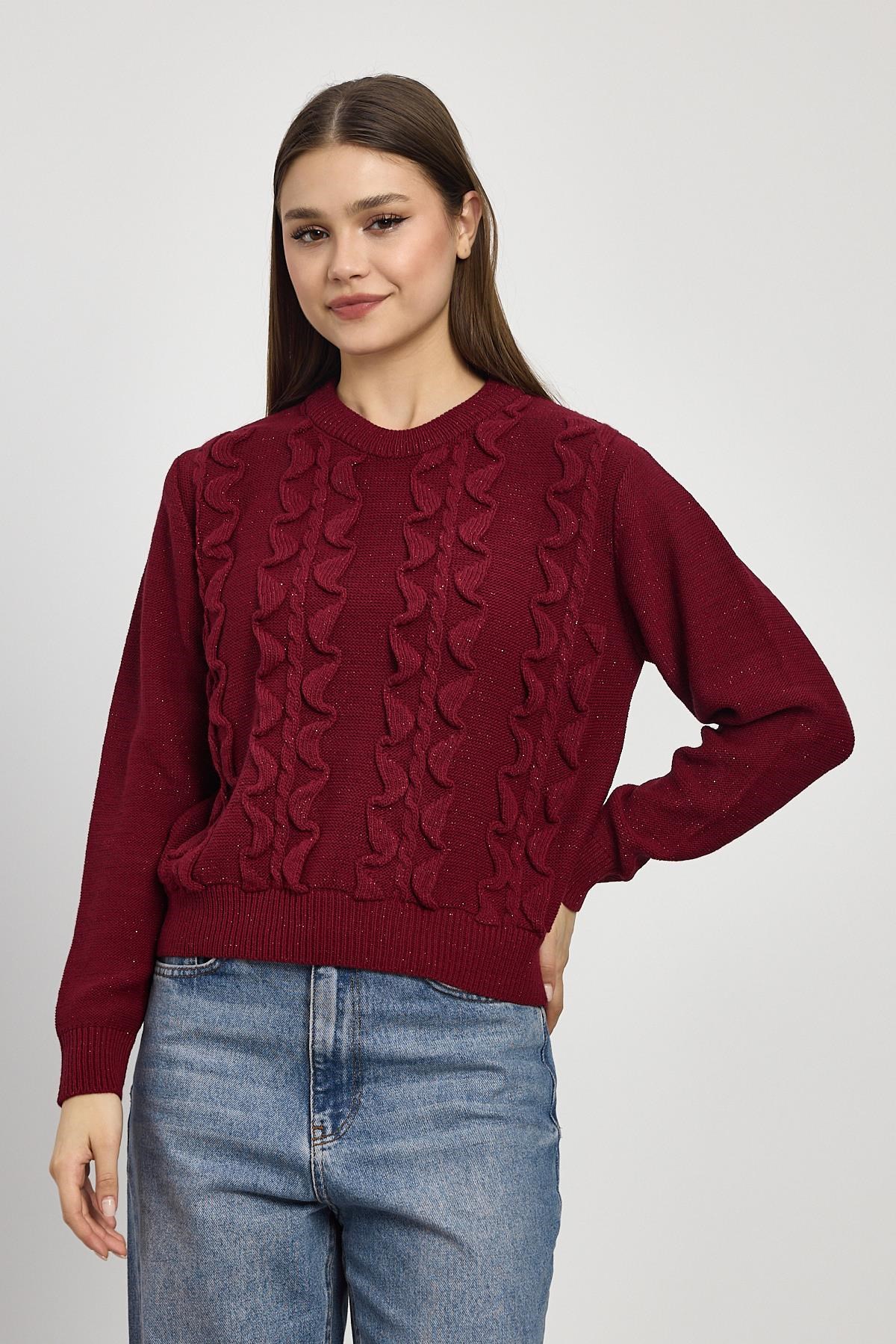 Simli Fırfır Detay Kazak 24364 Bordo 6