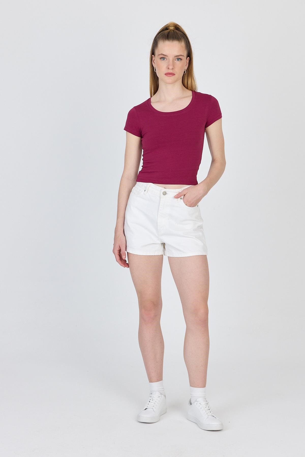 Bordo Bisiklet Yaka Basic Crop Tişört 9200M 2