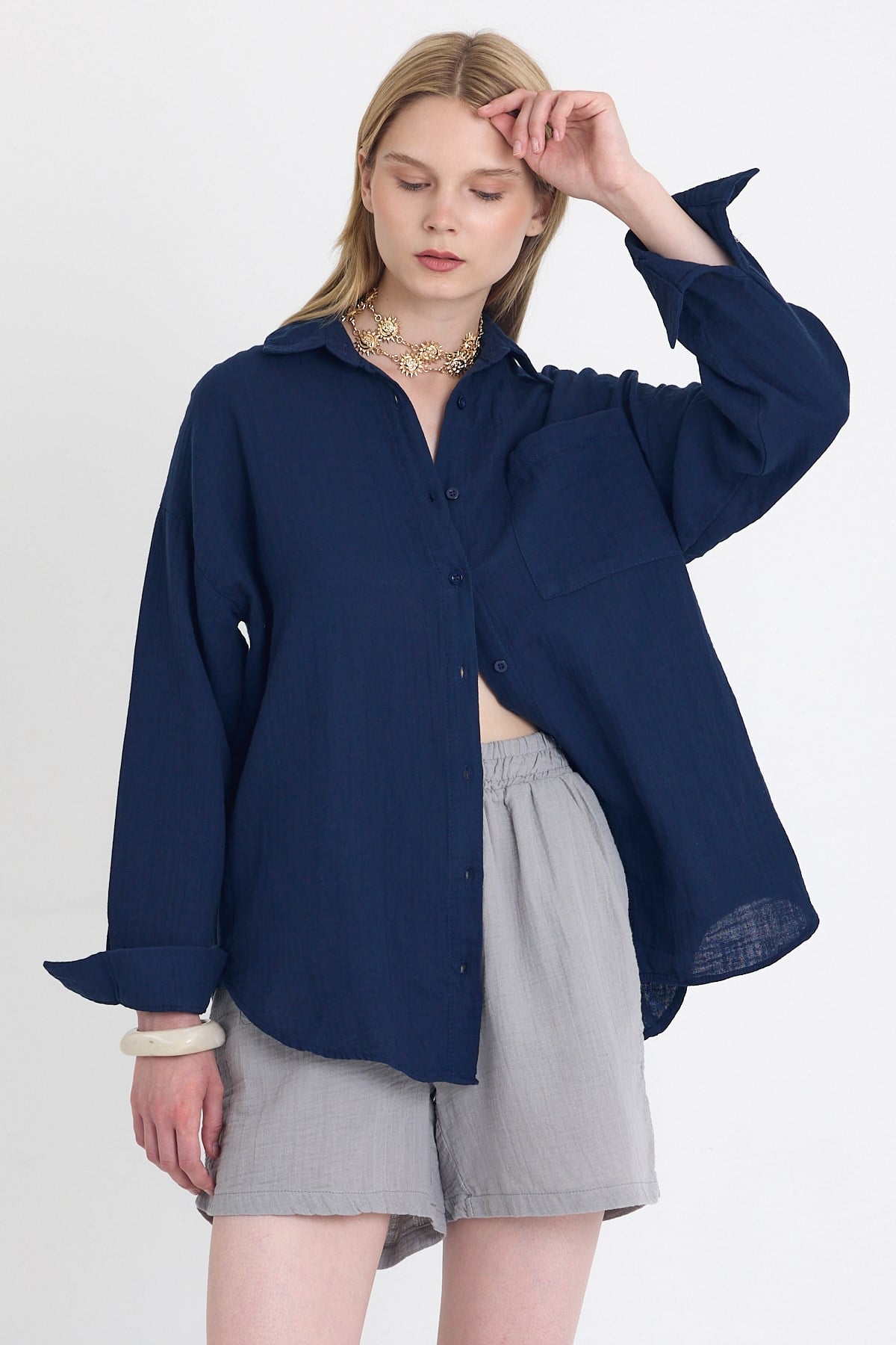 Laci Tek Cepli %100 Pamuk Oversize Müslin Gömlek 4697A 6