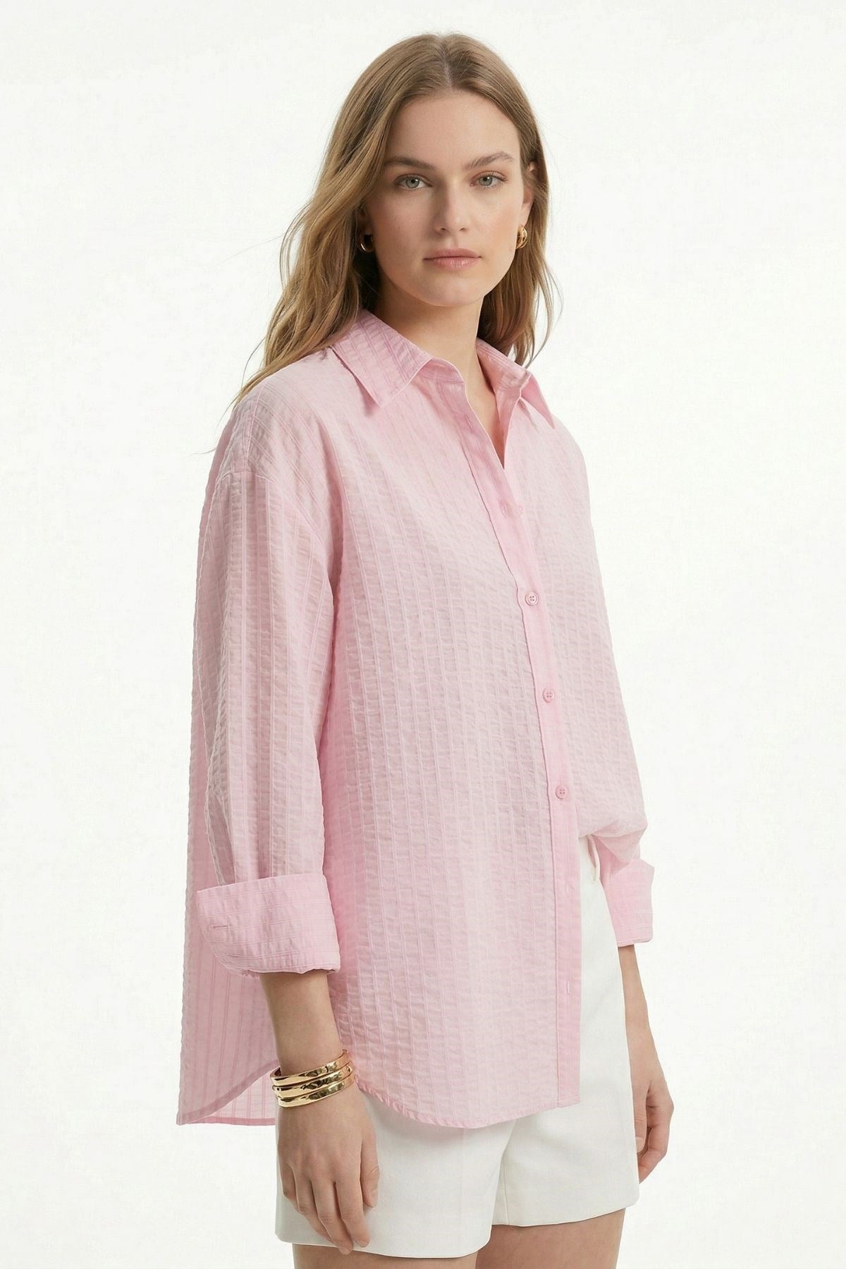 Çizgili Oversize Gömlek 5460 Pembe 2