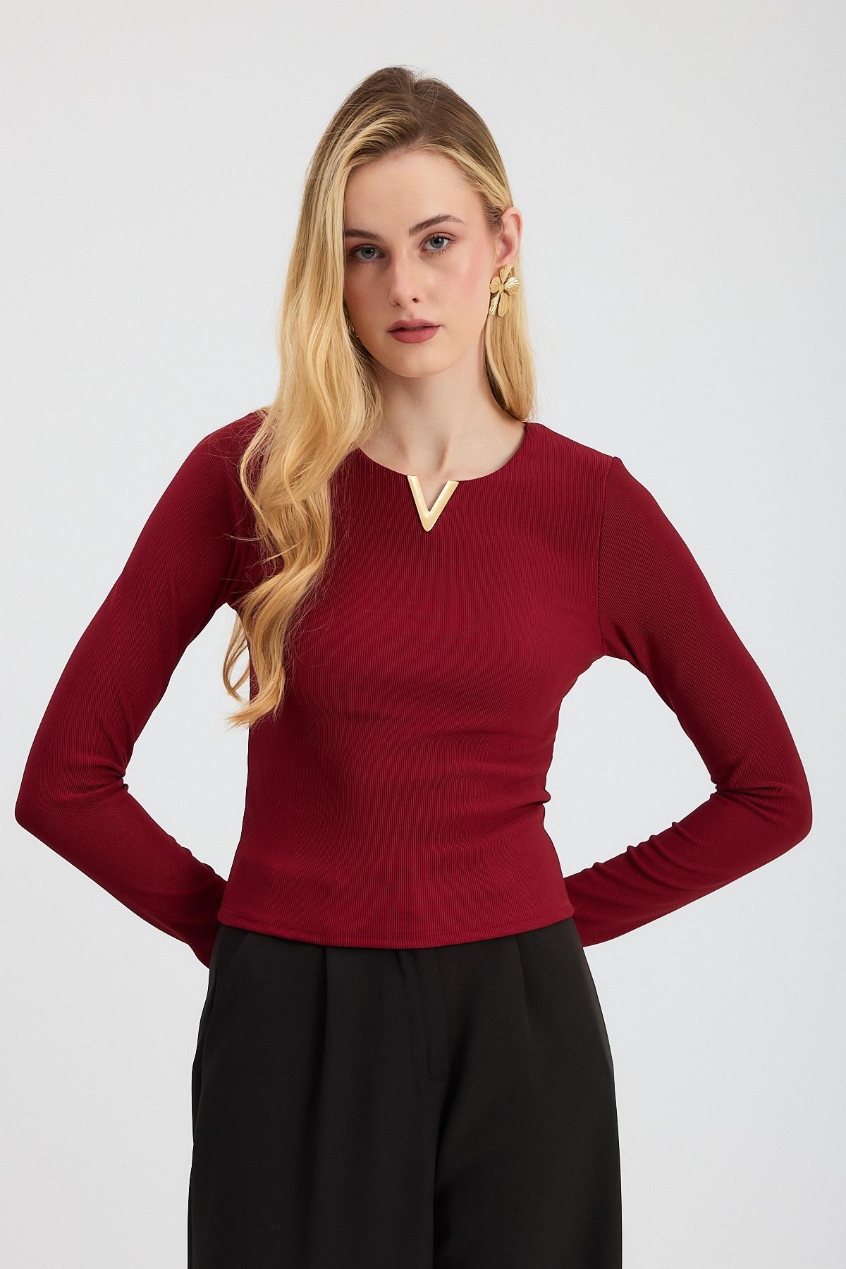 Yaka V Demir Bluz 13084 Bordo
