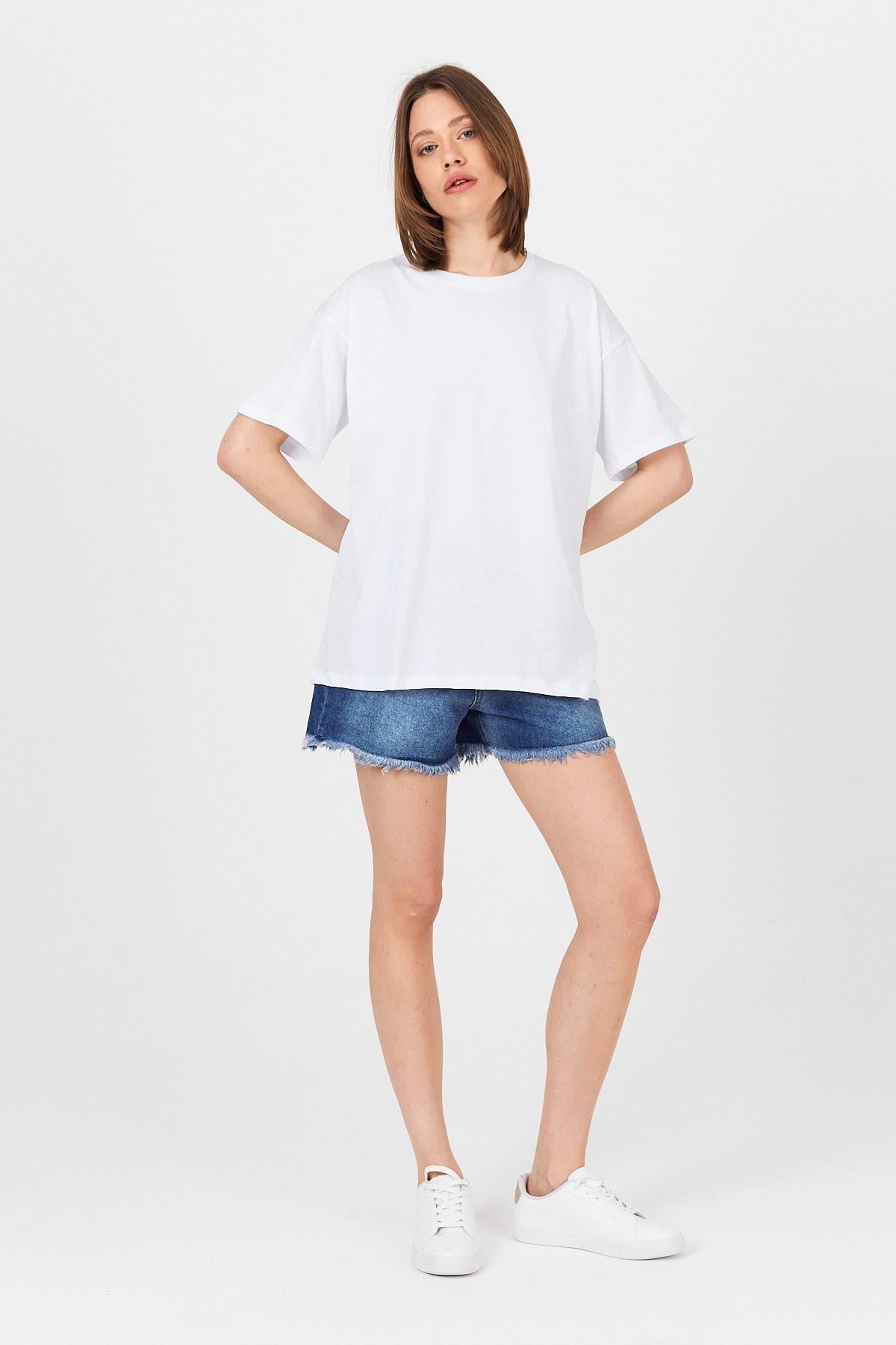 Beyaz Omuz Yazı Baskılı %100 Pamuk Oversize Tişört 2150-30M 3