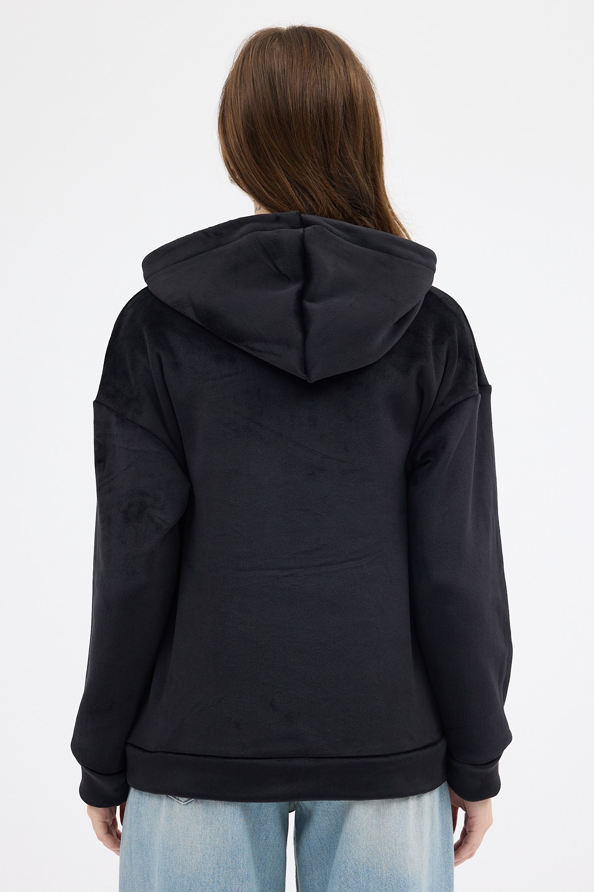 Siyah Kadın Peluş Kanguru Cepli Kapüşonlu Sweatshirt 3061A 5