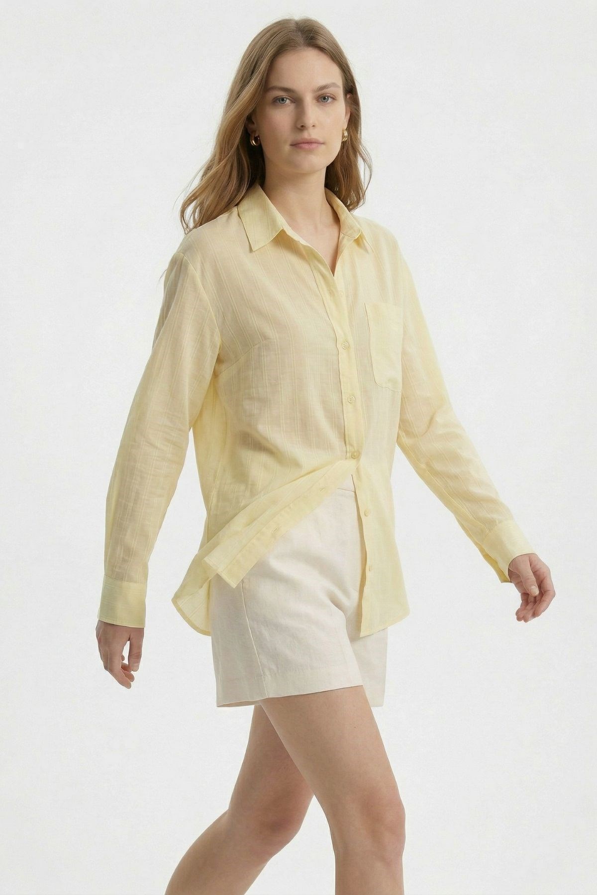 Cepli Çizgili Oversize Gömlek 5449 Sarı