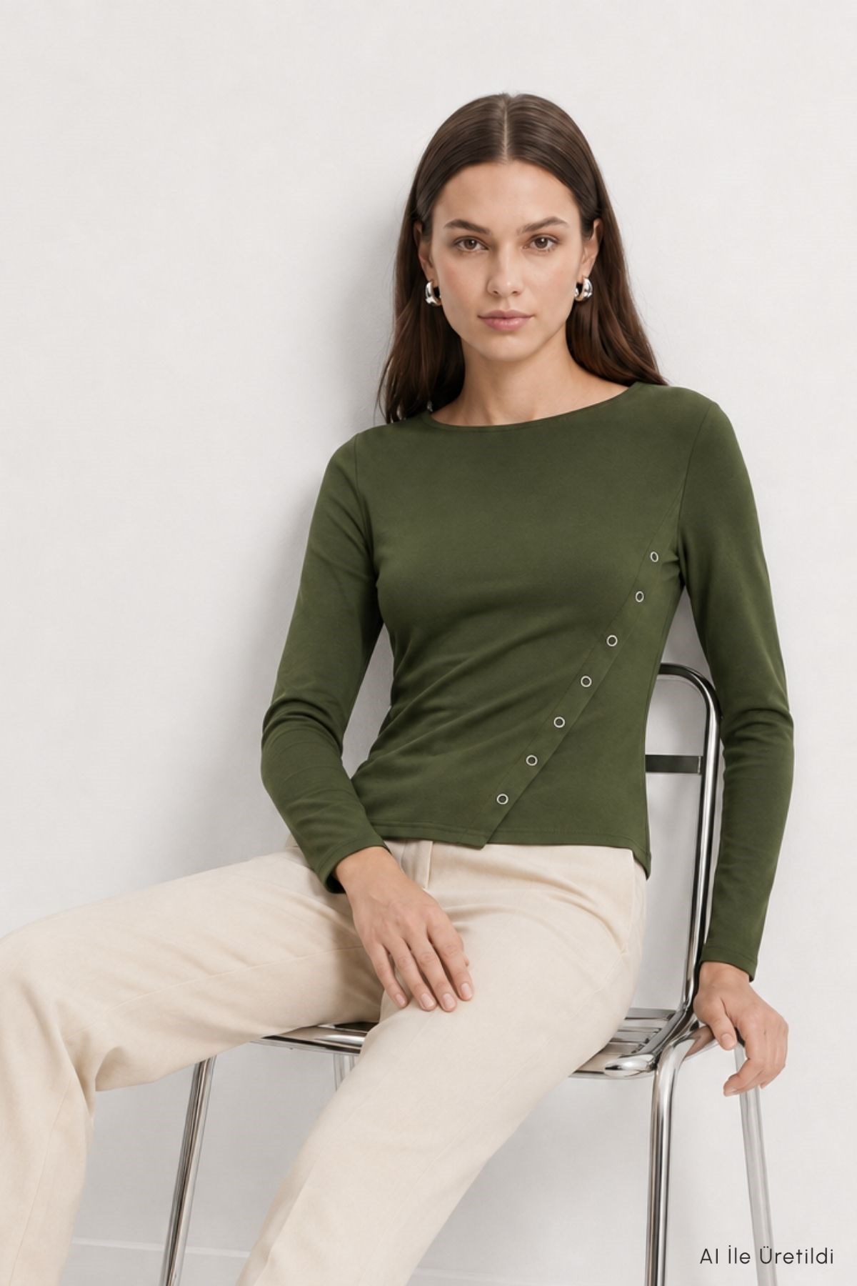 Kayık Yaka Yandan Çıtçıt Detaylı Body 8609A Haki