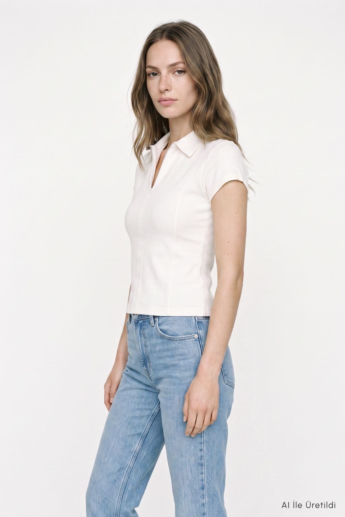 Polo Yaka Kısa Kol Crop Tişört 26651 Ekru 2