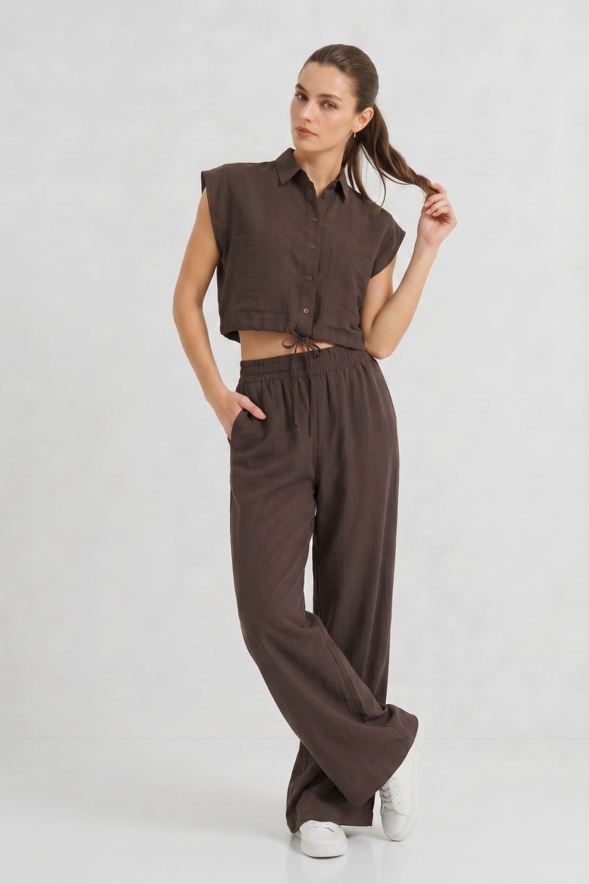 Cepli crop Gömlek Pantolon Takım 7157 Acı Kahve