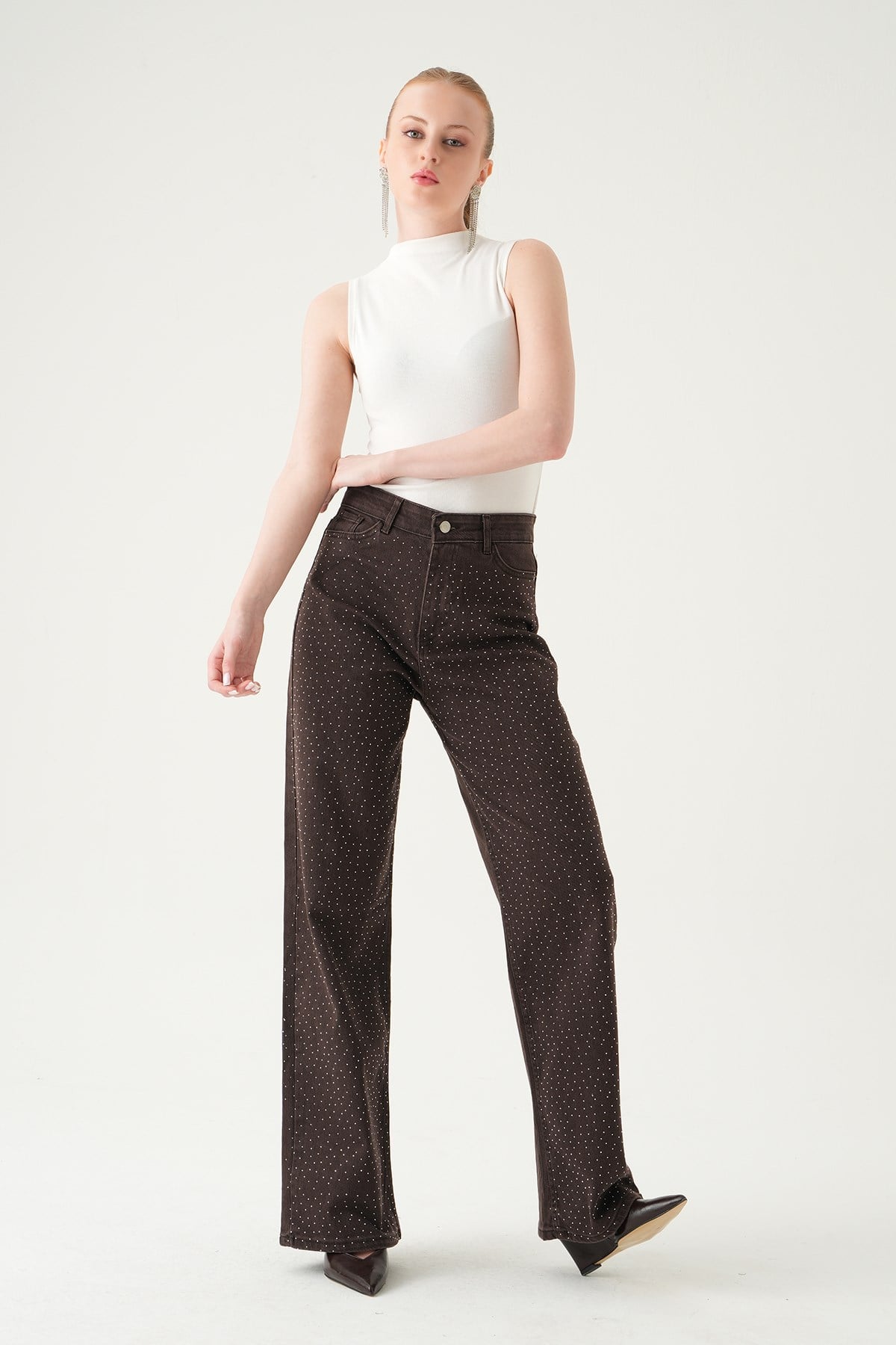 Taşlı Geniş Paça Jean 4910 Kahve 6