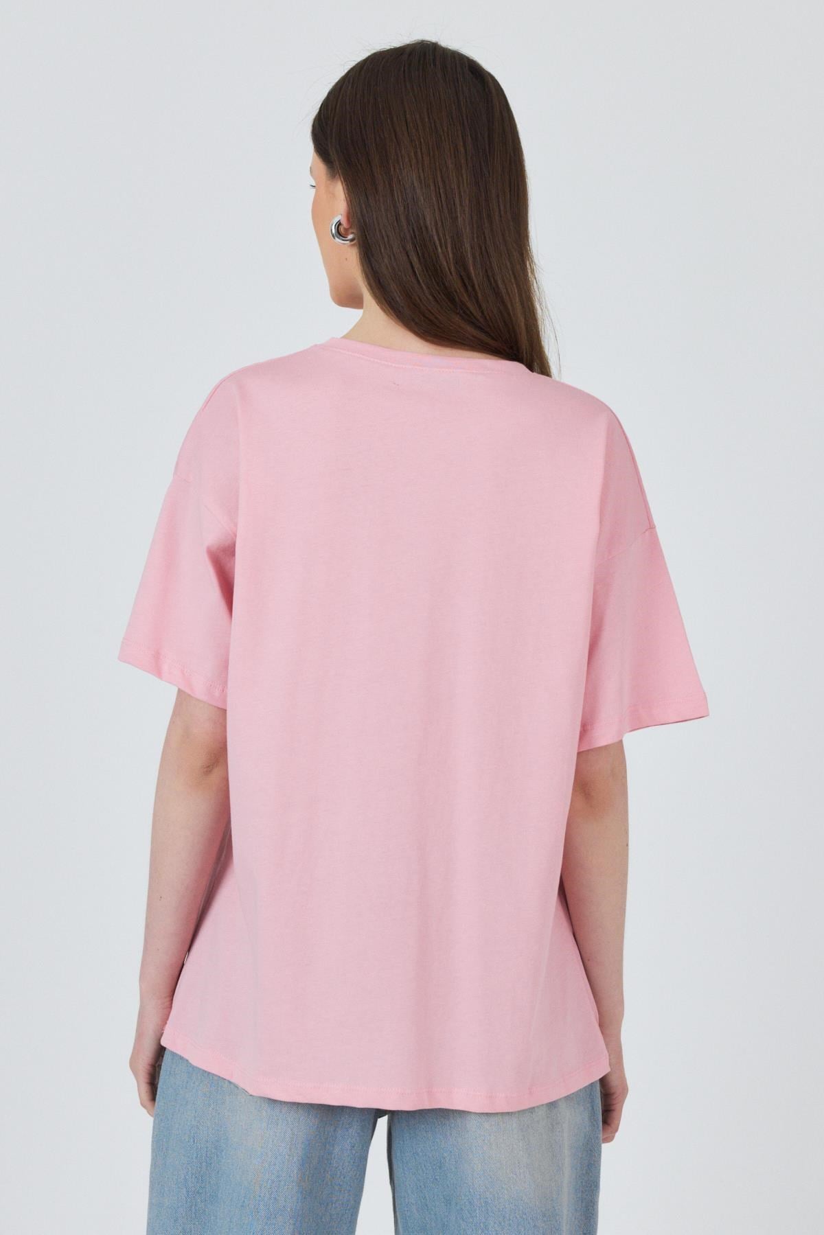 Pembe Yazı Baskılı Pamuklu Oversize Tişört 2150-3M 5