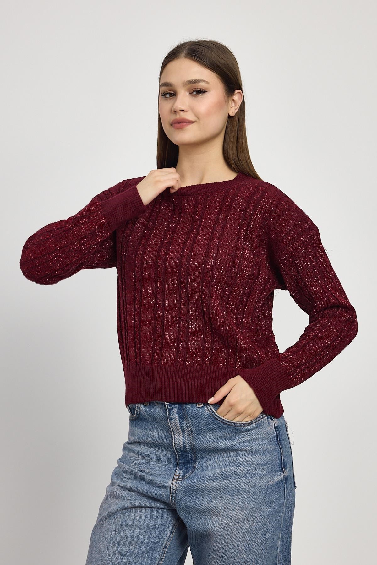 Örgü Detay Simli Triko Kazak 24366 Bordo 6