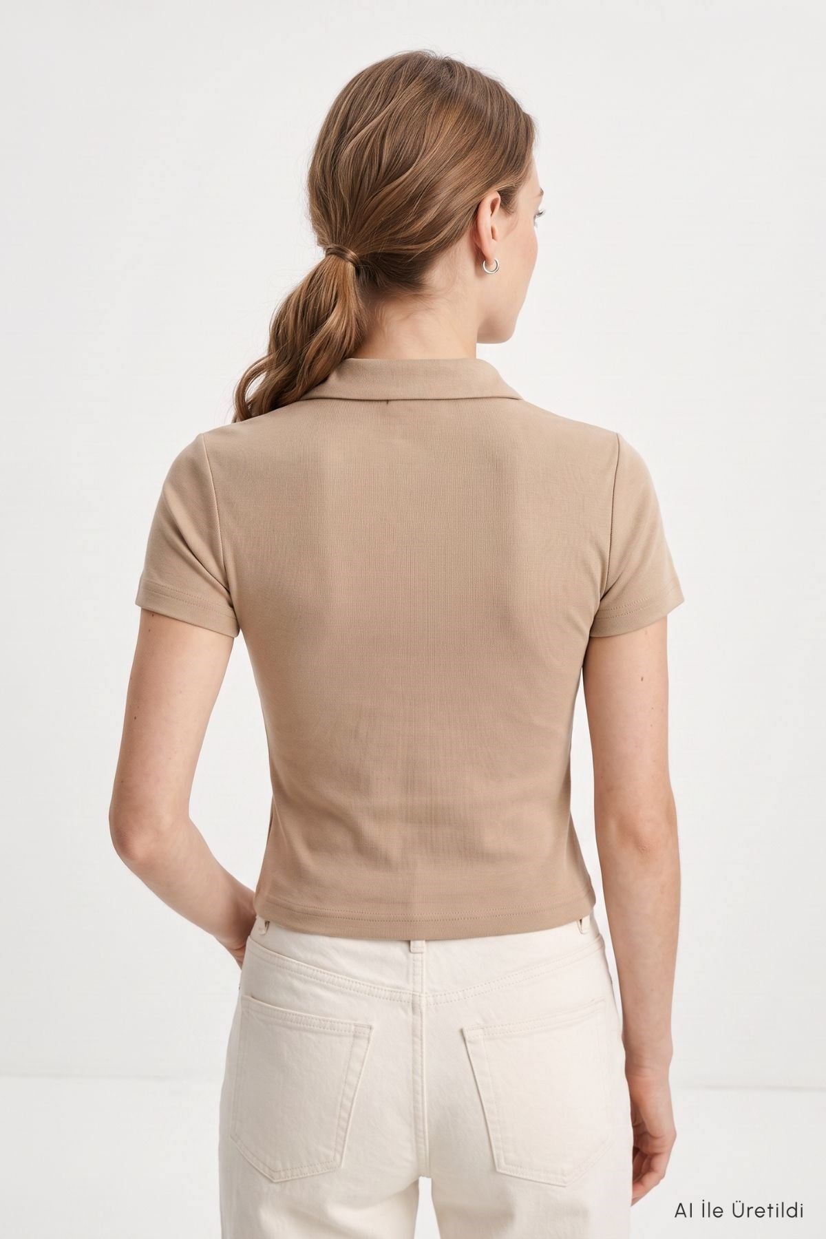 Polo Yaka Kısa Kol Crop Tişört 26651 Vizon 3