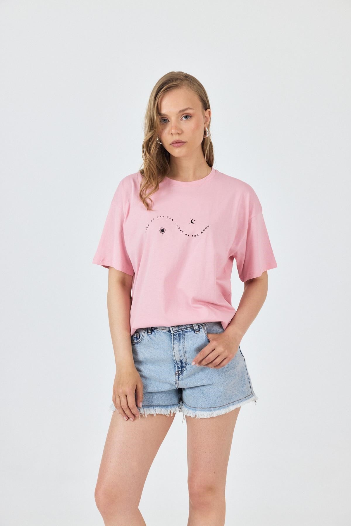 Pembe Yazı Baskılı Oversize Pamuklu Tişört 2150-32M 6