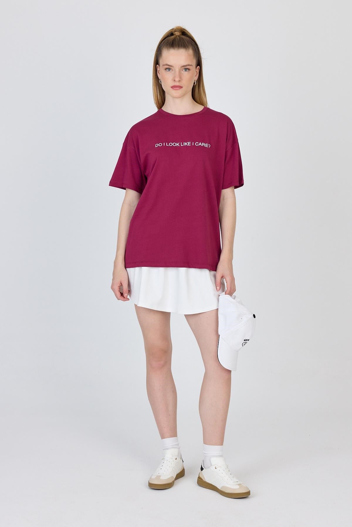 Bordo Yazı Baskılı %100 Pamuk Oversize Tişört 2150-5M 2