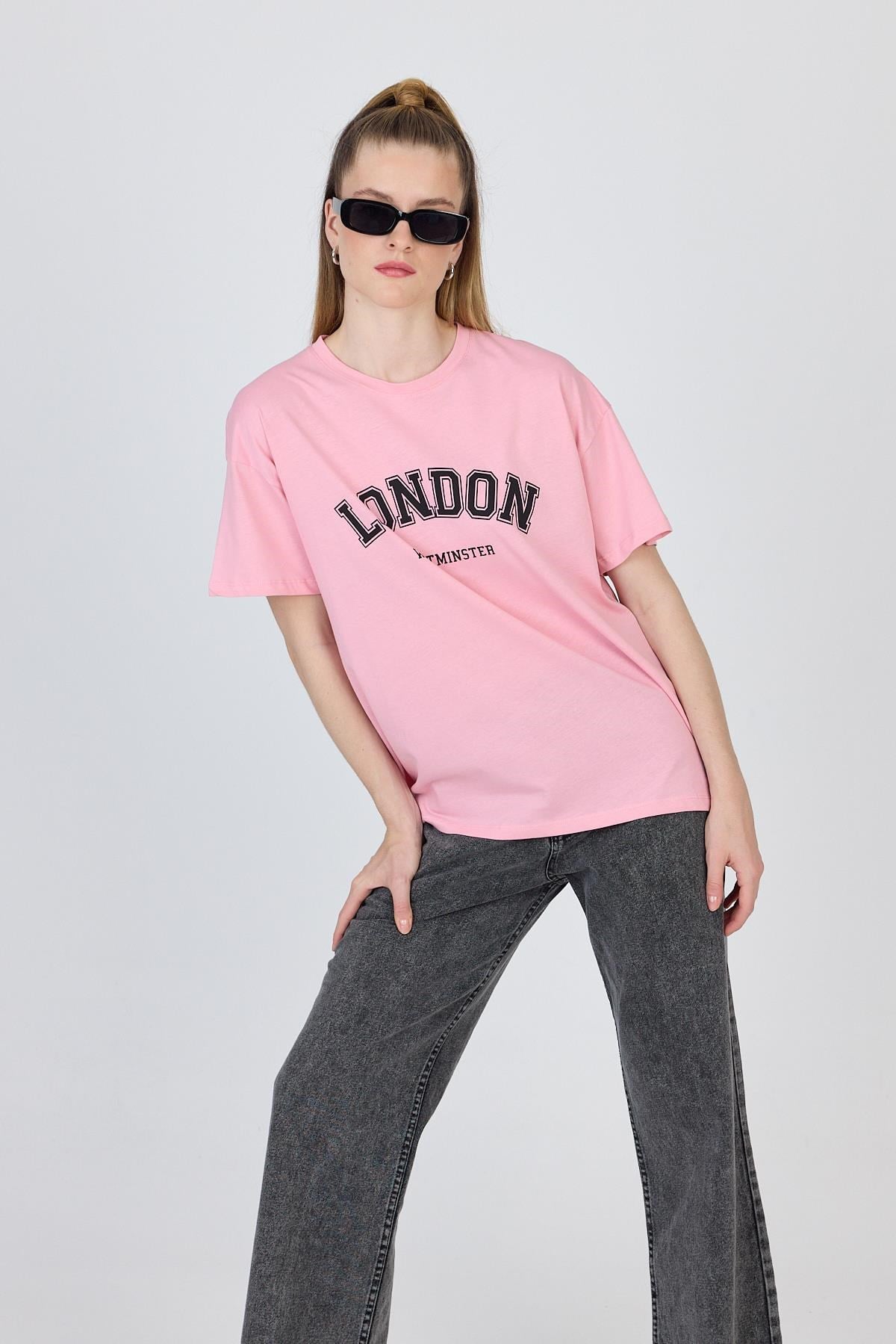 Pembe Yazı Baskılı %100 Pamuk Oversize Tişört 2150-9M 6