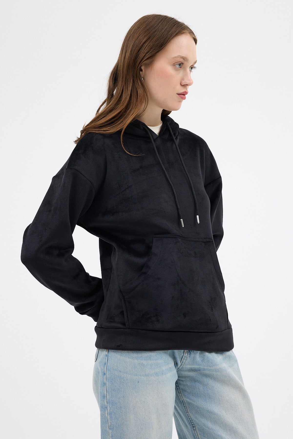 Siyah Kadın Peluş Kanguru Cepli Kapüşonlu Sweatshirt 3061A 2