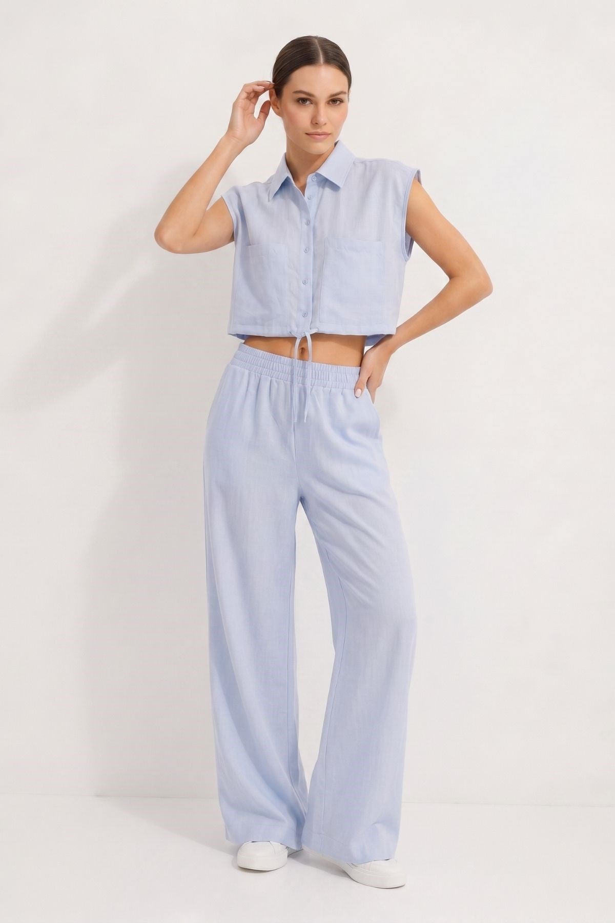 Cepli crop Gömlek Pantolon Takım 7157 Bebe Mavi
