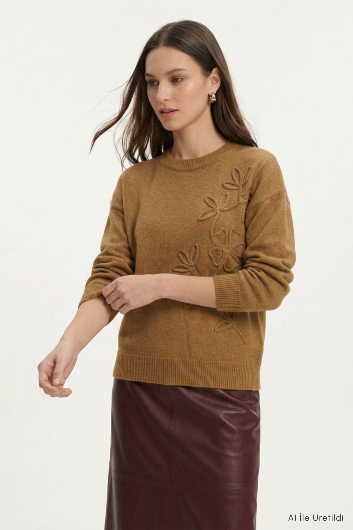 Çiçek Nakış Kazak 70056 Taba 3