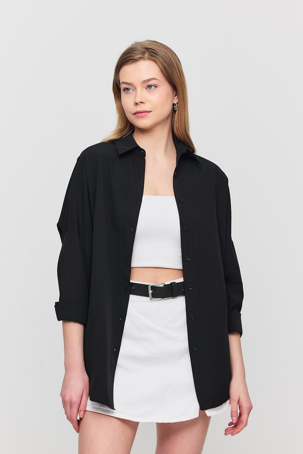 Siyah Relaxed Fit Rahat Kesim Basic Gömlek - 6621A 6