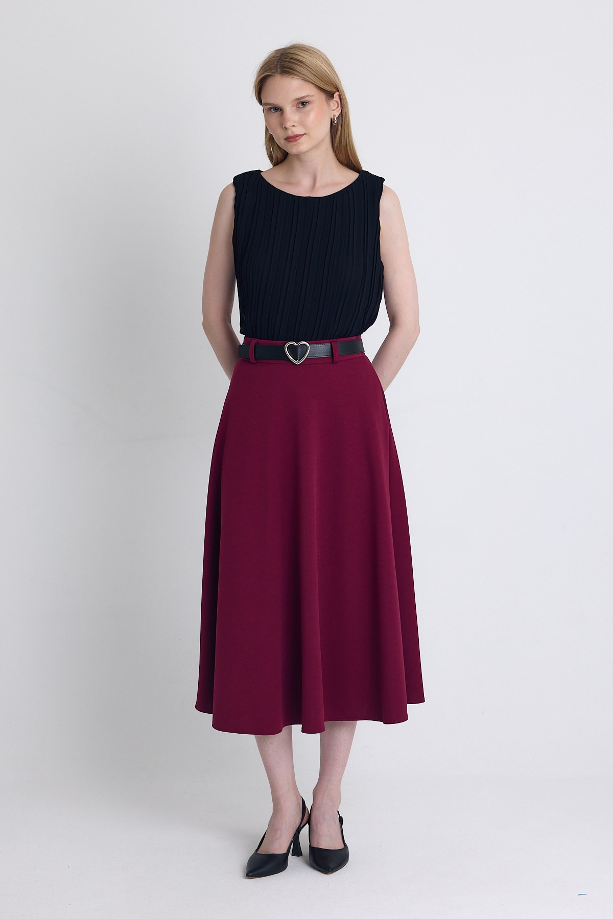 Bordo Kemerli A Kesim Midi Etek 4806A