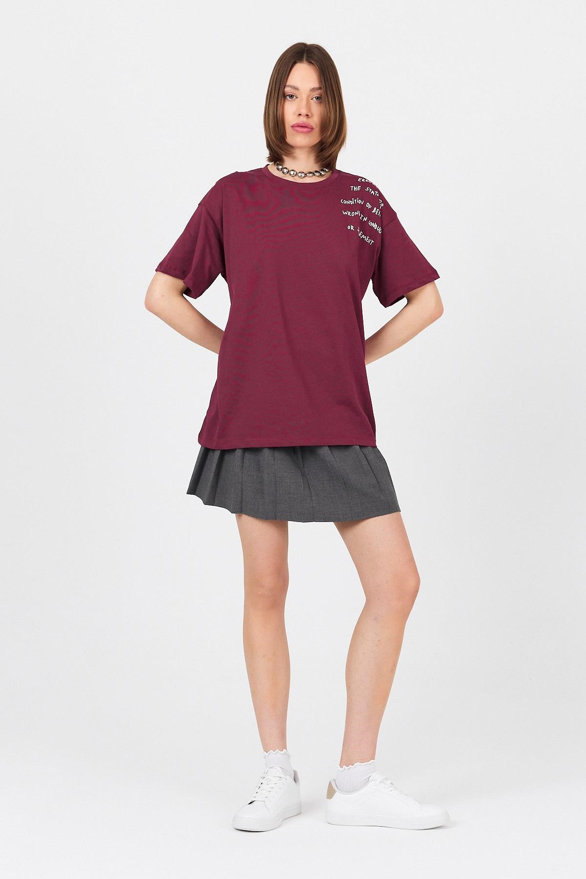 Bordo Göğüs Yazı Baskılı Pamuklu Oversize Tişört 2150-31M